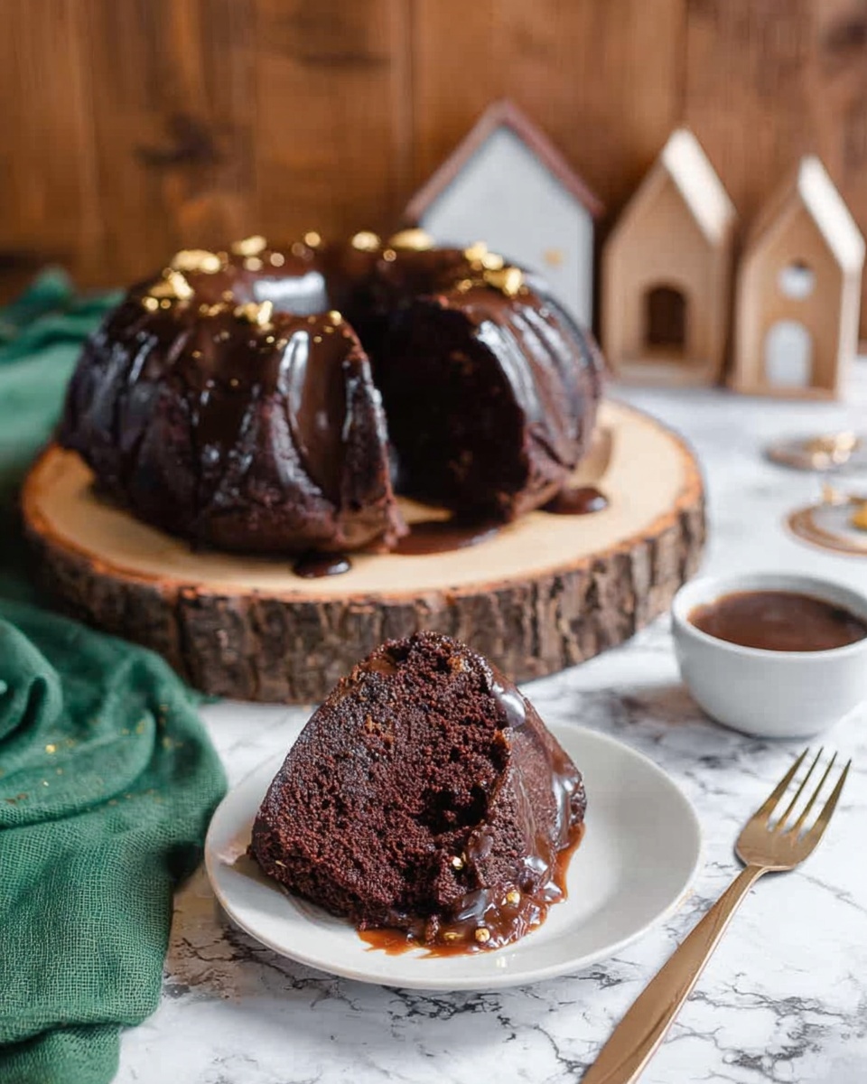 The image shows a dark chocolate bundt cake with a shiny chocolate glaze and small gold decorations on top, sitting on a round wooden board with bark edges. One thick slice of the cake is placed on a small white plate in the foreground, showing the soft and rich inside with some glaze on it. Next to the plate is a light brown fork, and behind it to the right is a small white cup with a dark liquid inside. The background features wooden houses and a green cloth, all set on a white marbled surface. Photo taken with an iphone --ar 4:5 --v 7