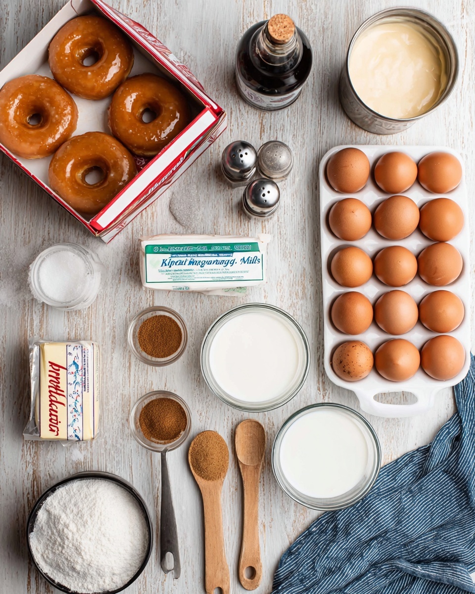 A white marbled wooden surface holds various ingredients arranged neatly: a box of six glazed doughnuts with shiny golden-brown texture sits in the top left corner, a small glass bottle with cork containing dark syrup is centered, and near it is a metal salt shaker. To the right, a white tray holds six brown eggs with smooth shells. At the top right is an open can filled with creamy condensed milk. Below these, two clear glass measuring cups filled with white and light cream liquids are placed side by side. A half-stick of wrapped butter with blue and white paper is next to two wooden measuring spoons, one with brown powder and the other with a finer spice. At the bottom left, a metal measuring spoon holds white granulated sugar, and next to it is a black measuring cup filled with light brown sugar. A folded blue and white cloth rests partially visible on the bottom right photo taken with an iphone --ar 4:5 --v 7