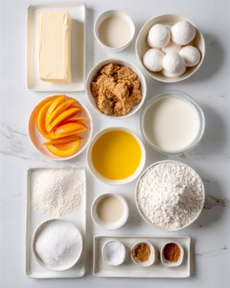 The image shows a white marbled surface with several white bowls and plates holding various ingredients for baking or cooking. There is a rectangular block of white butter placed on a white plate in the top left corner. Next to it on the right, a white bowl holds round white balls of dough or similar. Below the butter, a white bowl contains brown crumbly pieces, and beside it, a round white plate holds sliced orange and yellow fruits arranged neatly. A white bowl filled with a yellow liquid, likely melted butter or oil, sits below the bowl with crumbs. To its right, there is a white bowl with a white liquid, possibly milk or cream. Below these, there is another white plate with white granulated sugar. Small white bowls at the bottom contain a white powder, a light yellow liquid, and two brown spices placed side by side on a small white rectangular tray. Three white cups or bowls at the bottom hold different types of flour in various shades of white. The ingredients are cleanly arranged on the white marbled surface with soft natural light highlighting the textures of each item. Photo taken with an iphone --ar 4:5 --v 7