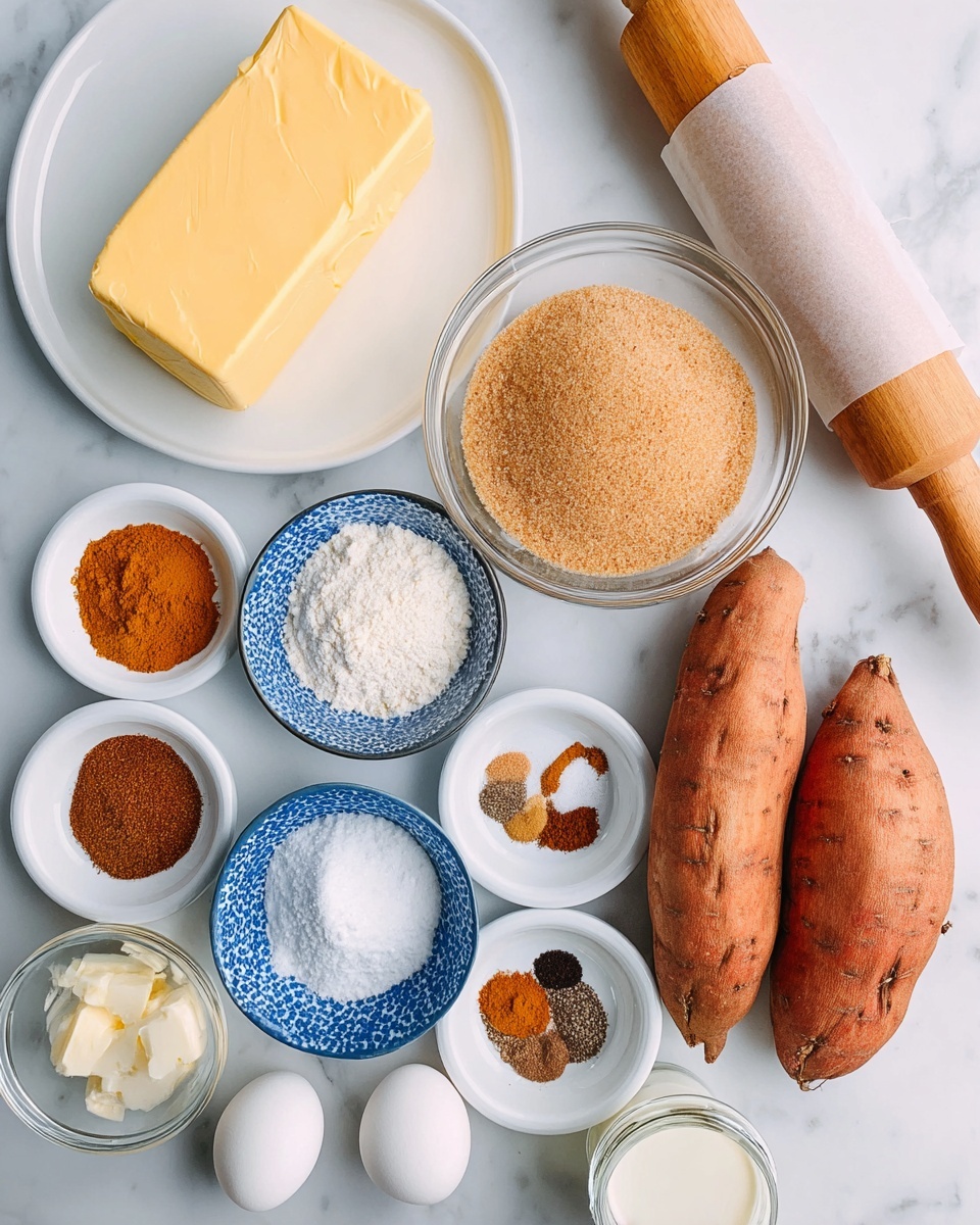 In this image, there are multiple ingredients arranged neatly on a white marbled surface. At the top left, a white plate holds a large yellow block of butter. Next to it, on the right, is a wooden rolling pin with parchment paper wrapped around it. Below the butter, there are two whole orange sweet potatoes with rough skin. To the right of the sweet potatoes, a clear glass bowl is filled with light brown sugar. Around these central items, other ingredients are placed in small white or blue patterned bowls: a blue bowl with white salt, white bowls with cinnamon and ginger powder, another blue bowl with white flour, a white bowl with small amounts of dark spice, a white bowl with clear liquid, and a small jar with cream. There are also two white eggs near the center-bottom. The colors range from earthy orange and brown to bright white and cream, all set clearly against the clean white marbled background. Photo taken with an iphone --ar 4:5 --v 7