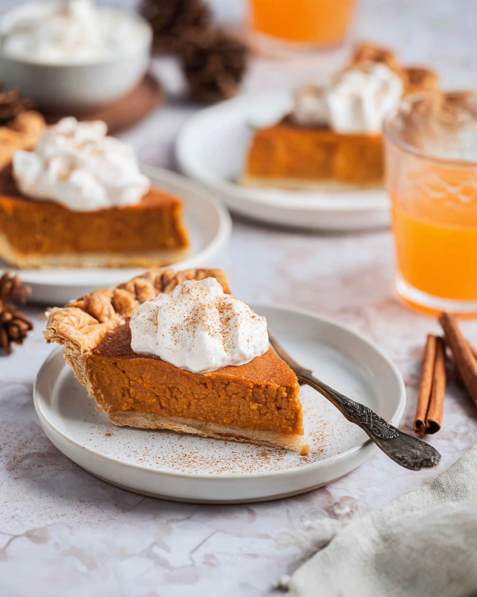 The image shows a slice of pumpkin pie on a white plate with a thick layer of deep orange pumpkin filling and a golden-brown flaky crust, topped with a dollop of white whipped cream sprinkled with a light dusting of spice. The pie slice sits slightly to the right of the plate center, with a small ornate fork with a dark handle positioned to the side. In the background, two more slices of the same pie are on separate white plates, slightly out of focus, sitting on a white marbled surface. Nearby are cinnamon sticks, brown pinecones, a small white bowl of whipped cream, and a short, clear glass with a bright orange liquid. The overall tone is warm and cozy. Photo taken with an iphone --ar 4:5 --v 7