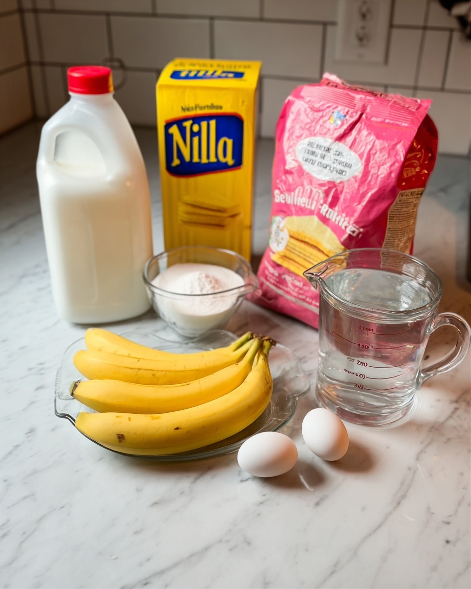 The image shows a kitchen counter with a white marbled surface. On the counter, there is a gallon of milk on the left, next to a clear plastic container of sugar. Behind the sugar, there is a box of yellow Nilla wafers standing upright. To the right of the Nilla wafers, there is a pink bag of self-raising flour. In front of the flour, there are three bright yellow bananas resting on a clear glass dish. Next to the bananas, a white egg and two small white eggs are placed near the edge of the counter. On the far right, there is a clear glass measuring cup filled with water. The scene is well-lit, and the items are arranged in a single line across the white marbled surface. Photo taken with an iphone --ar 4:5 --v 7