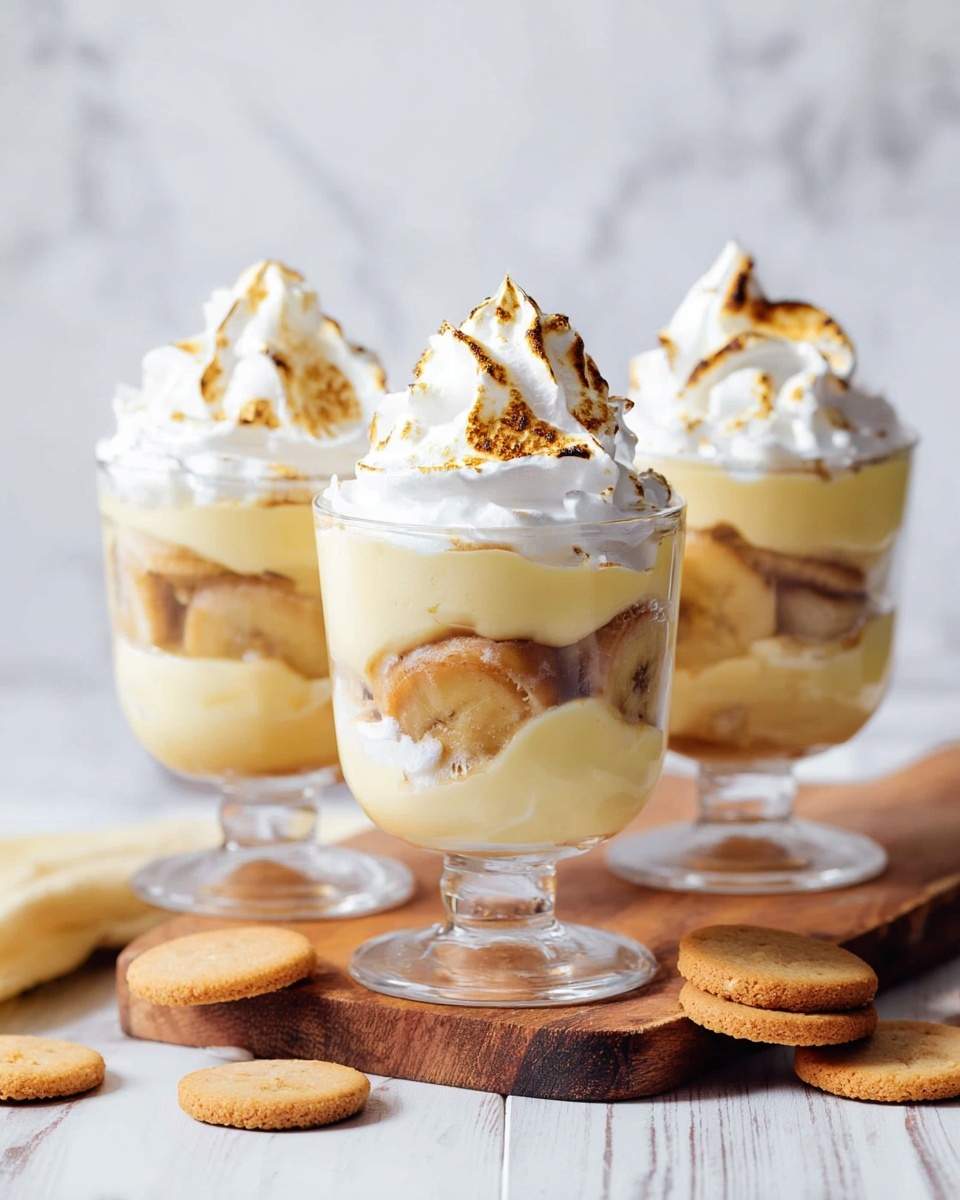 Three clear glass cups each hold three layers of dessert: the bottom layer is smooth, pale yellow pudding; the middle layer contains slices of light brown cookies mixed with banana pieces, showing soft textures; the top layer is white, fluffy whipped cream with golden toasted spots on its peaks. The cups are placed on a wooden board, with a few small round light brown cookies scattered in front. The background and surface are white with a marbled texture, giving a clean and bright look. photo taken with an iphone --ar 4:5 --v 7