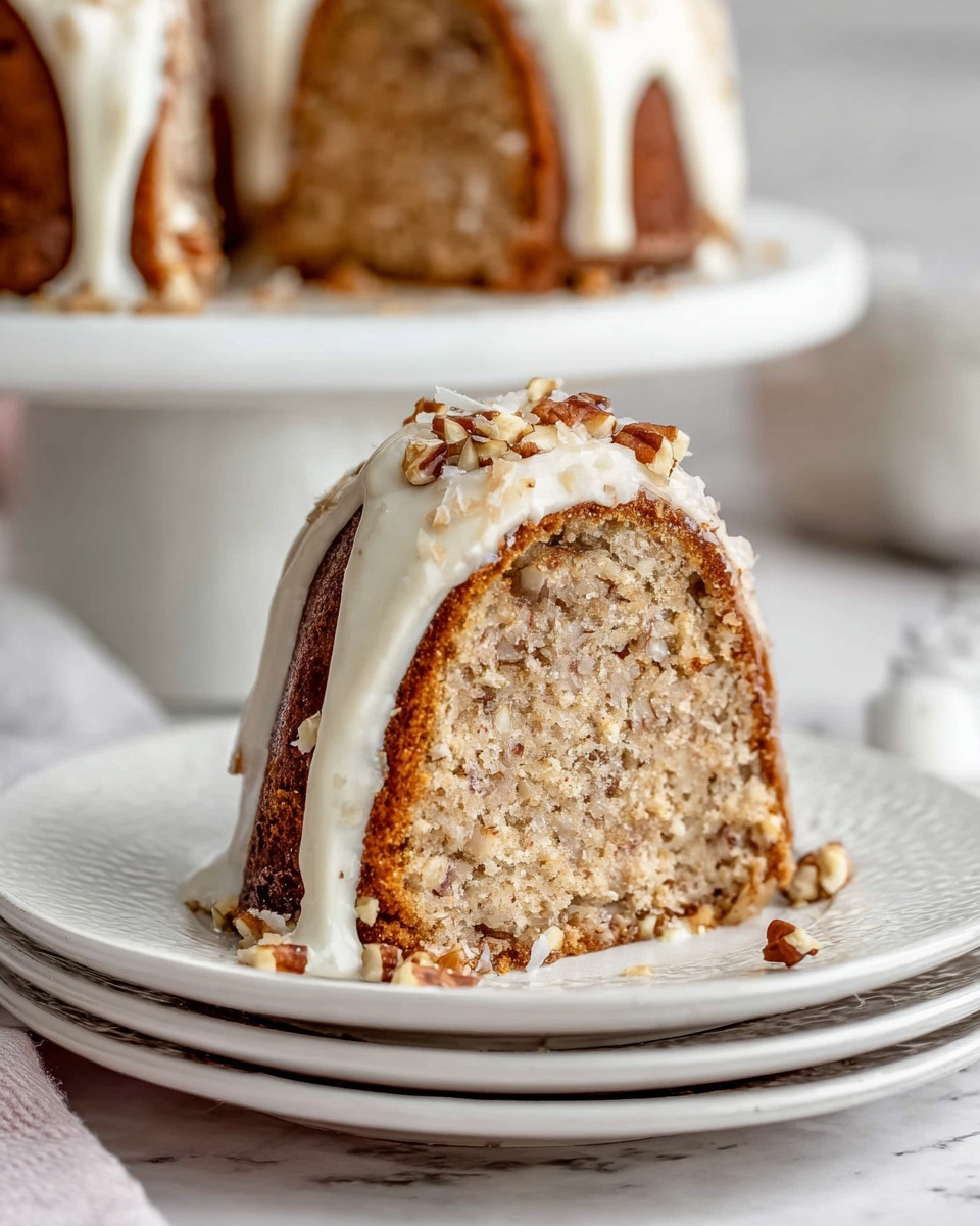 A single slice of bundt cake sits centered on a small white plate, which is stacked on a couple of other plates. The cake slice shows a moist, dense texture with visible pieces of nuts and possibly coconut mixed inside, giving a light brown and off-white speckled look. The top of the slice is covered with a thick layer of white frosting that drips softly down the sides. Small nut pieces are sprinkled on top of the frosting, adding crunch and a touch of warm brown color. The background is softly blurred with another piece of the cake visible on a white round cake stand and a white marbled surface beneath. photo taken with an iphone --ar 4:5 --v 7