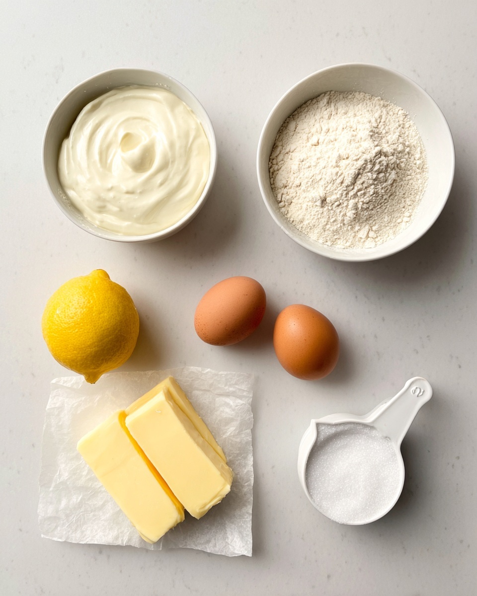 The image shows six baking ingredients arranged on a white marbled surface. There is a white bowl at the top left filled with smooth white cream. To its right, two brown eggs sit side by side. Below the eggs, a white bowl is filled with light beige flour, showing a slightly rough texture. On the far right, a small white measuring cup is full of granular white sugar. At the bottom left corner, a bright yellow lemon is placed next to several thick rectangular pieces of pale yellow butter on a piece of white parchment paper. The items are evenly spaced and viewed from above, creating a clean and simple layout. Photo taken with an iphone --ar 4:5 --v 7