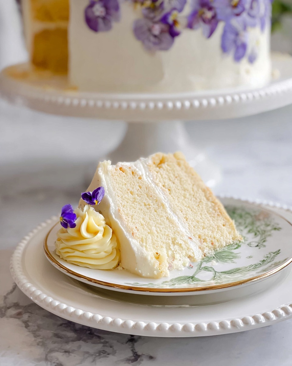 A slice of light yellow cake with two layers sits on a white plate with a delicate green floral design and a gold rim, which is placed on a larger white plate with a beaded edge. The cake has a soft texture and is covered with white frosting. On the side near the base, there is a swirl of pale yellow frosting and a small purple edible flower. In the background, a white cake stand holds the rest of the cake, decorated with more purple flowers against a white marbled surface. Photo taken with an iphone --ar 4:5 --v 7