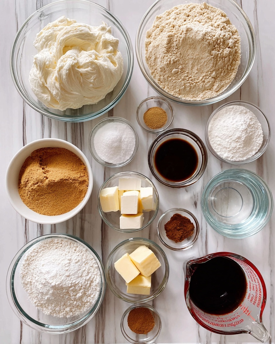 The image shows a variety of clear glass bowls and measuring cups arranged neatly on a white marbled surface. The largest bowls contain a mound of white cream, a pile of white flour, and a heap of light brown sugar. Smaller bowls hold white granulated sugar, white baking powder, dark brown vanilla extract, and an egg. Two small cubes of pale yellow butter and two small piles of brown spices are also visible. There is a measuring cup with a dark liquid, likely coffee, and another measuring cup filled with clear water. All the containers are transparent, showing the textures and colors of the ingredients clearly. photo taken with an iphone --ar 4:5 --v 7