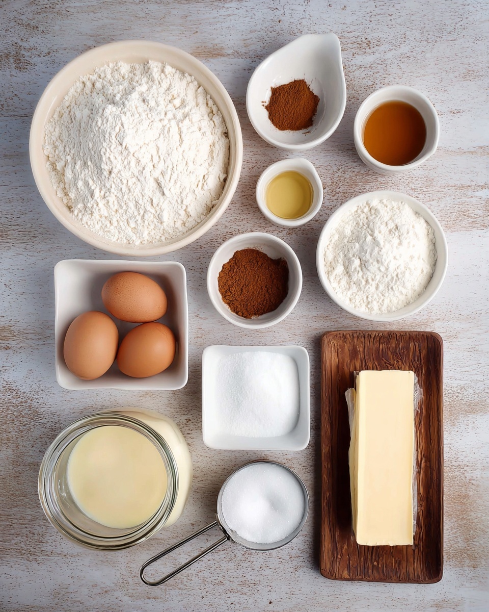 The image shows a collection of baking ingredients neatly arranged on a white marbled surface. There is one large white bowl filled with white flour at the top left. To the right, there are two small white bowls, one with brown cinnamon powder and the other with a light golden liquid. Below them, another small white bowl holds brown spice powder. Near the center, two brown eggs are placed in a small white square dish. Below the eggs, a small white bowl contains white powder, and next to it, there's a glass jar filled with a pale yellow creamy mixture. A white measuring cup with granulated white sugar sits at the lower left, and next to it, a metal measuring cup holds white powdered sugar. On the far right, a rectangular wooden tray displays a pale yellow stick of butter. All items are clearly separated and appear fresh. Photo taken with an iphone --ar 4:5 --v 7