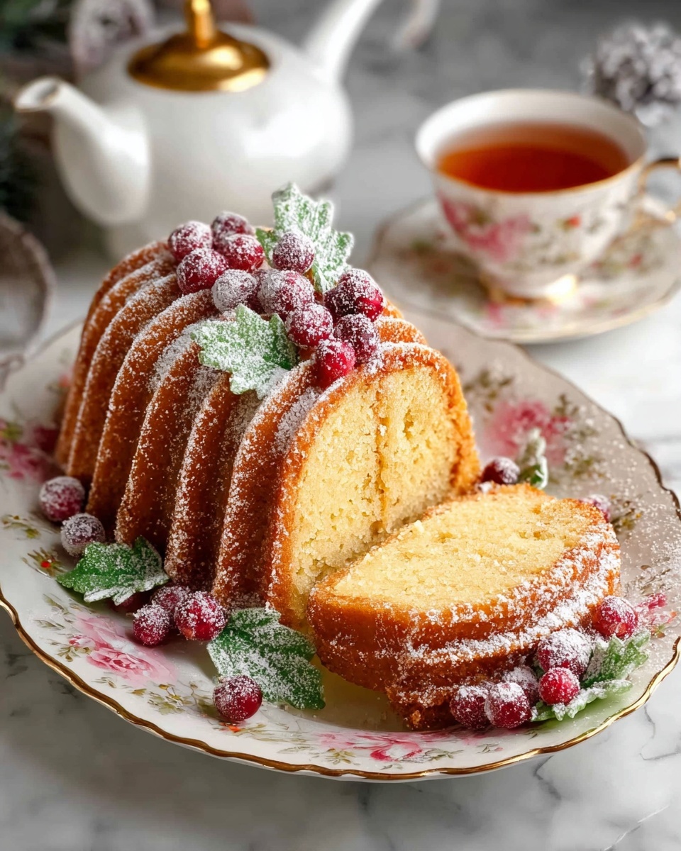 A golden brown bundt cake with ridged layers is sliced, showing its soft, light yellow inside with a thin layer of filling in the middle. The cake is dusted with powdered sugar and decorated on top with bright red sugared cranberries and green frosted leaves. It sits on a white plate with a floral pattern edged with gold. Some sugared cranberries and green leaves garnish the edges of the plate as well. In the background, there is a white teapot with a golden knob and a white cup with a floral design filled with tea, all set on a white marbled surface. Photo taken with an iphone --ar 4:5 --v 7