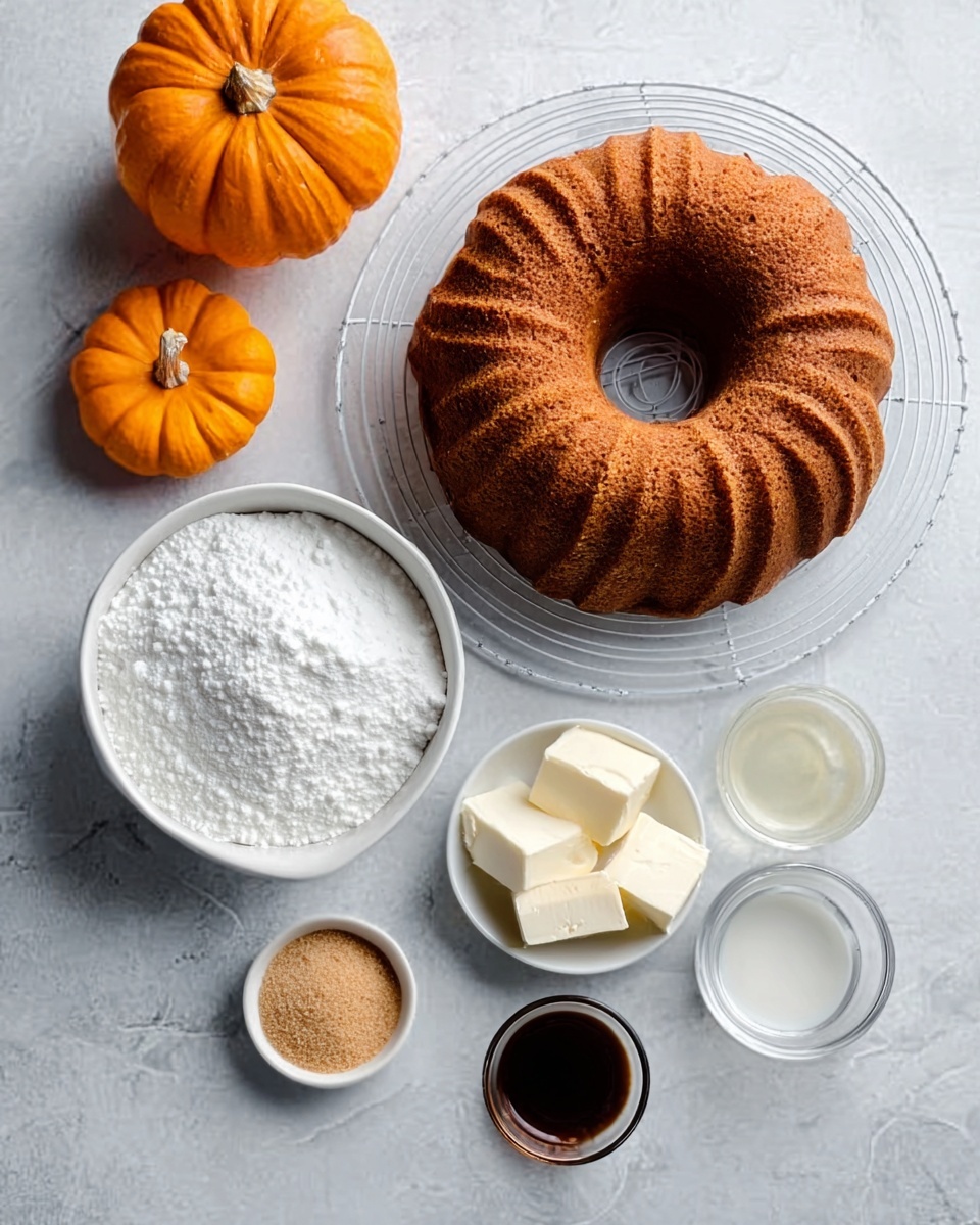 The image shows a plain brown bundt cake resting on a round white cooling rack. Nearby, on a white marbled surface, there are small white bowls with ingredients: a bowl filled with white powdered sugar, another with two white blocks of cream cheese, one with a small amount of liquefied butter, a small bowl of dark brown vanilla extract, a small bowl with clear white liquid, and another small bowl with light brown sugar or syrup. Two small, orange pumpkins sit in the upper left and lower right corners, adding a fall theme to the scene. photo taken with an iphone --ar 4:5 --v 7