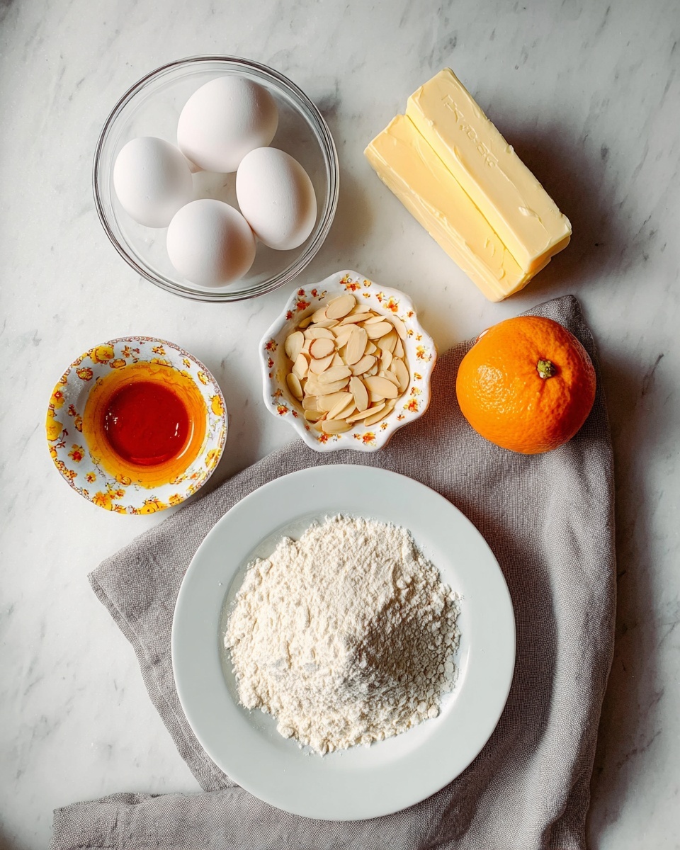 The image shows six baking ingredients arranged on a white marbled surface. At the bottom right is a white plate with a pile of fine white flour. To the top left of the flour is a glass bowl holding four white eggs. Next to the eggs is a clear glass bowl with a shiny amber liquid, likely honey or syrup. Above the flour is a small white dish with a bright yellow flower pattern, filled with sliced almonds showing a light tan and off-white color. Behind the almond dish are two sticks of pale yellow butter stacked on top of each other. To the right of the butter is a whole bright orange fruit. A soft, gray cloth napkin is partially underneath the flour plate and eggs bowl on the left side. The scene is lit softly, showing texture and color clearly. Photo taken with an iphone --ar 4:5 --v 7
