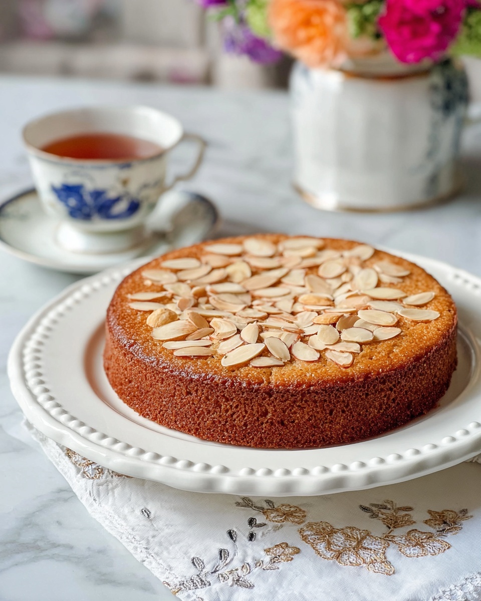 The image shows a single-layer round cake with a golden-brown crust, topped with thinly sliced almond pieces scattered evenly across the top. The cake sits on a white decorative plate with a raised edge and dotted border pattern. The setting features a white marbled surface underneath, with a white cloth embroidered with gold and gray designs partially visible beside the plate. In the background, there is a white teacup with a blue floral design on a matching saucer, containing a dark amber liquid, and a blurred vase of colorful flowers. Photo taken with an iphone --ar 4:5 --v 7