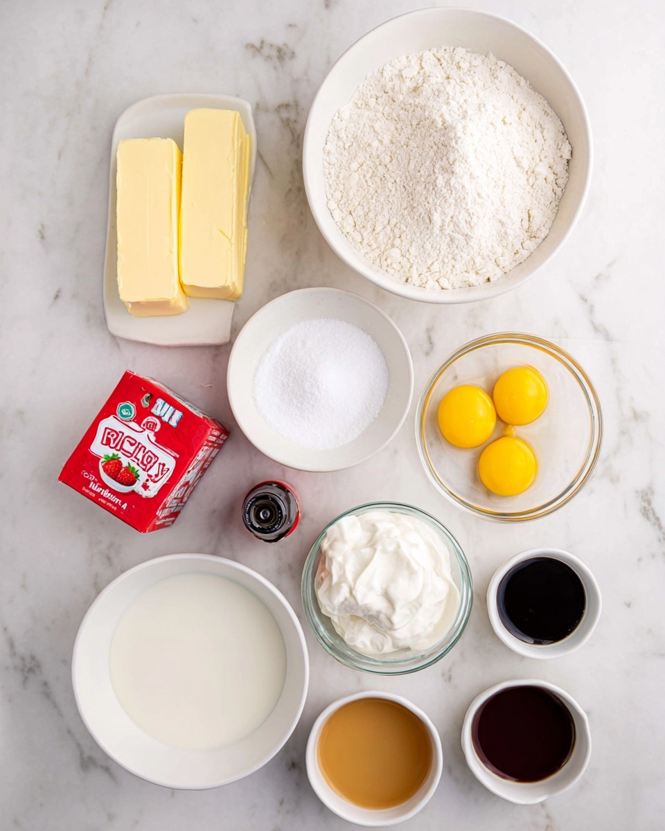 The image shows various baking ingredients organized neatly on a white marbled surface. There are two sticks of light yellow butter placed near the top left. A large white bowl filled with light-colored flour is near the top right. Below the butter, there is a small white bowl holding three yellow egg yolks in clear egg white. To the right of the eggs, a clear glass bowl is filled with white granulated sugar. Below the flour, there is a white bowl containing thick white cream. Near the bottom center, there is a white bowl filled with milk. Two small white bowls hold a dark brown liquid and a light brown liquid, positioned between the milk and eggs. On the bottom left, there is a red box of strawberry JELL-O and next to it, a dark bottle of red food color. The photo taken with an iphone --ar 4:5 --v 7