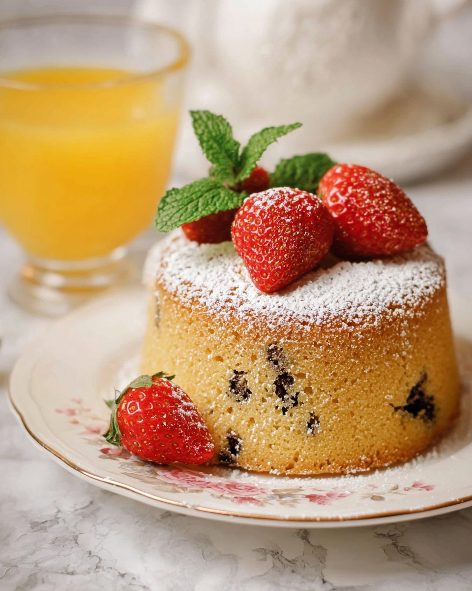 A small, round, golden cake with a soft texture and dark spots from chocolate chips sits centered on a white plate with delicate floral designs. The cake is dusted lightly with powdered sugar, creating a fine white layer on top. On the very top, there are several fresh bright red strawberries with green leaves, some whole and some sliced, along with a sprig of fresh green mint. Behind the cake, a clear glass cup holds vibrant yellow orange juice, all set on a white marbled surface. photo taken with an iphone --ar 4:5 --v 7