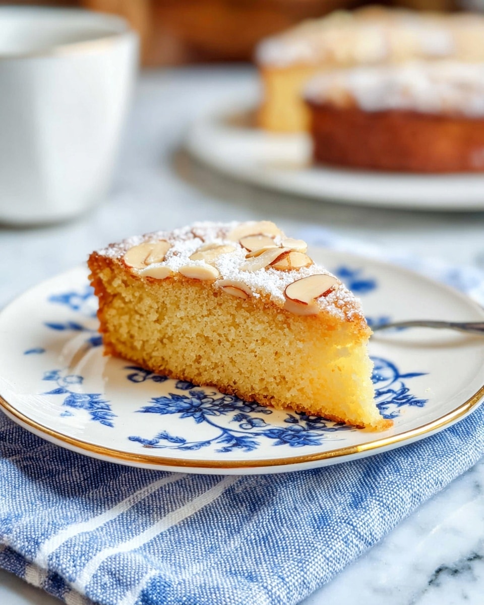 A single slice of yellow almond cake sits on a white plate with blue floral designs and a gold rim, placed on a blue and white striped cloth napkin. The cake has one layer with a soft, moist texture and a golden-brown top sprinkled with sliced almonds and powdered sugar. In the background, there is a white cup and a blurred view of the remaining cake on another white plate, all on a white marbled surface. photo taken with an iphone --ar 4:5 --v 7