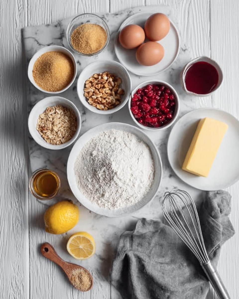 The image shows a white marbled surface with a clear arrangement of baking ingredients in white bowls and round white plates. There are five bowls, three filled with light brown granulated ingredients, one with red berries, and the last with chopped nuts. Two eggs sit side by side on the surface near the bowls. A white plate holds a yellow block of butter, and two halved lemons are on a wooden spoon next to it. A small cup with a dark red liquid and a glass container with a golden liquid are placed nearby. A metal whisk and a gray cloth are also on the surface, adding to the baking scene. photo taken with an iphone --ar 4:5 --v 7