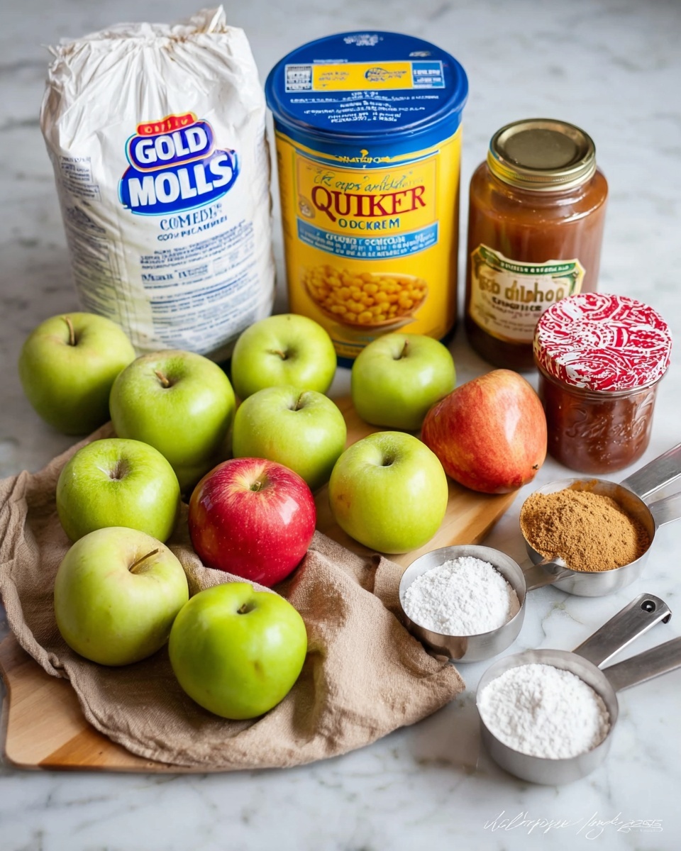 The image shows a collection of baking ingredients arranged on a white marbled surface. At the back, there is a large white bag of Gold Medal all-purpose flour on the left, next to a tall yellow and blue container of Quaker yellow corn meal. To the right of the corn meal are a brown spice jar labeled ground Saigon cinnamon and a jar of apple jelly with a red patterned lid. In front of these items, there are several fresh apples, mostly green with a few red ones, spread out across the surface. There are also small metal measuring cups filled with white sugar and light brown sugar placed near the apples. A beige cloth napkin is partially under some of the apples and measuring cups. Photo taken with an iphone --ar 4:5 --v 7