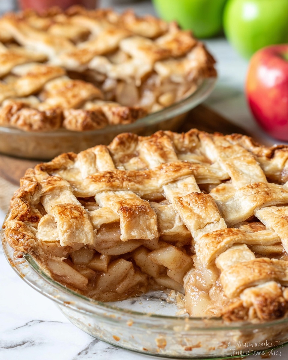 The image shows a close-up of two apple pies with golden brown lattice crusts. The pie in the front has a missing slice, revealing layers of soft, cooked apple pieces inside with a light cinnamon sauce. The edges of the pie crust are slightly crimped and browned, showing a flaky texture. Each lattice strip on top is thick and well baked, creating a checkered pattern. The pies are on clear glass pie dishes placed on a white marbled surface with green and red apples blurred in the background. Photo taken with an iphone --ar 4:5 --v 7