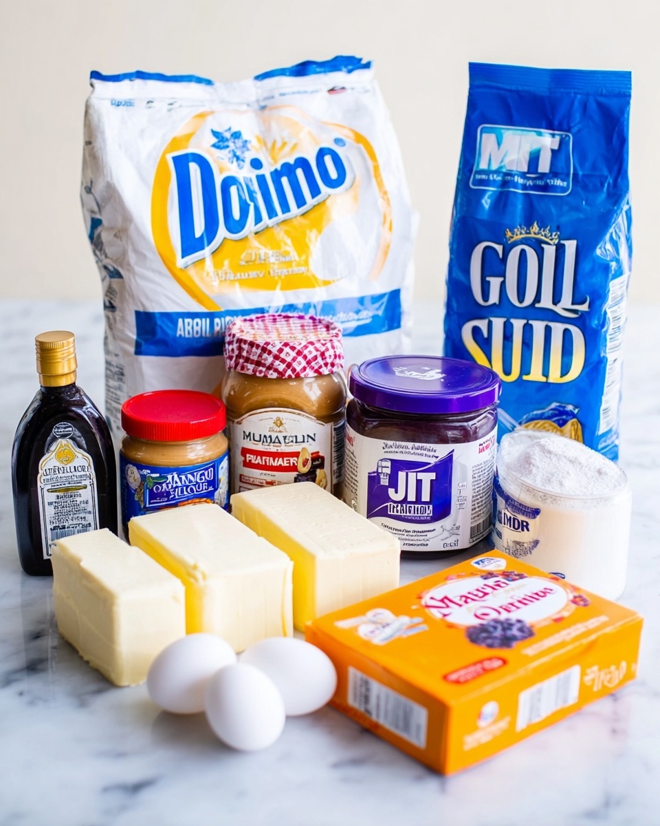 The image shows a collection of baking ingredients arranged on a white marbled surface. At the back, there is a white bag of Domino sugar with blue and yellow accents, and a white bag of Gold Medal all-purpose flour with blue and orange colors. To the right, a blue Morton lite salt container is standing upright. In the middle, a jar of Jif peanut butter with a red lid and a purple checkered lid jar of Smucker's Concord Grape jelly are placed side by side. In front of these, there are two large light-colored blocks of Challenge butter and a small orange box of Arm & Hammer baking soda. Two white eggs lie in front of the butter and soda. On the left, a dark bottle of Magnolia-Star pure vanilla extract with a black cap stands tall. The overall look is organized with visible brand labels and bright colors that stand out against the clean white marbled background photo taken with an iphone --ar 4:5 --v 7