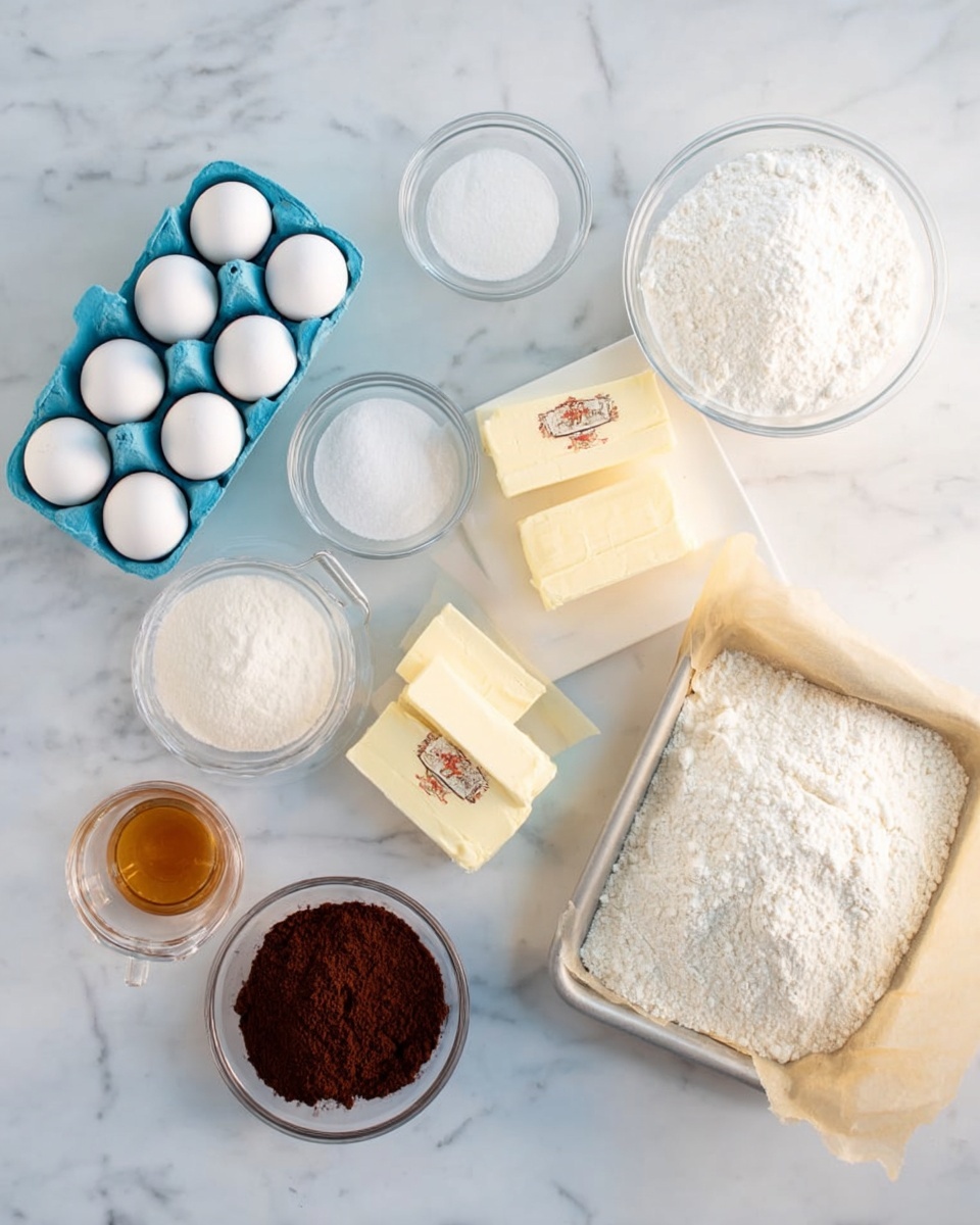 The image shows several bowls and containers with ingredients for baking on a white marbled surface. There is a blue egg carton holding four white eggs in the top left. Next to it are small clear bowls with white sugar and vanilla extract. Nearby, a large glass bowl is full of white powdered sugar. In the center, three sticks of pale yellow butter are stacked together. In front of the butter, a small clear bowl holds dark brown cocoa powder. A small glass jug with light golden honey, a bowl of white flour, and a glass baking pan lined with parchment paper are also placed on the surface. The arrangement is bright and clean, ready for baking. photo taken with an iphone --ar 4:5 --v 7