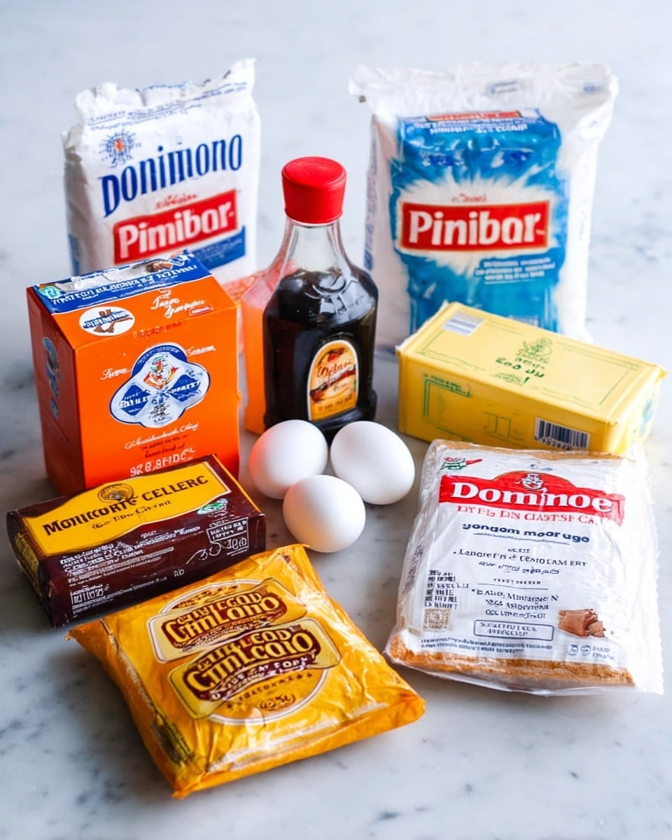 The image shows an arrangement of baking ingredients on a white marbled surface. In the back row, there are two white bags of sugar, one labeled Domino and the other Pillsbury, along with a white box of Challenge butter on the right. In the middle row, from left to right, there is an orange box of Arm & Hammer baking soda, a brown package of chocolate Jell-O, and a small bottle of McCormick pure vanilla extract with a red cap. In the front row, a gold bag of Ghirardelli semi-sweet chocolate chips lies flat, with two white eggs placed in front of it. A white bag of Domino light brown sugar is positioned on the right side of the arrangement. The overall composition is well-lit with natural colors, placed on the white marbled surface. Photo taken with an iphone --ar 4:5 --v 7