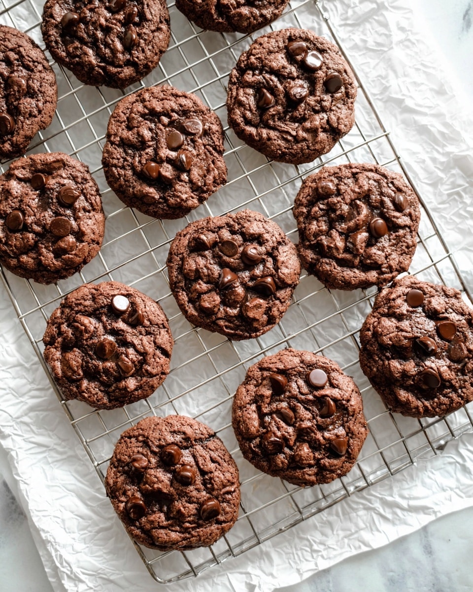 The image shows a cooling rack placed on a white marbled surface with crumpled white parchment paper underneath. On the rack, there are 14 round chocolate cookies arranged neatly in rows. Each cookie has a rough, slightly cracked texture and is dark brown in color. Scattered across the top of each cookie are small, glossy chocolate chips that add a shiny contrast to the matte cookie surface. The cookies look thick and soft, with uneven edges giving them a homemade feel. Photo taken with an iphone --ar 4:5 --v 7