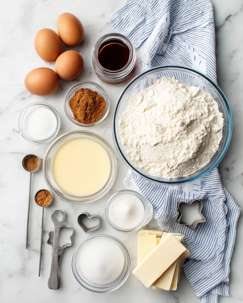 The image shows an organized flat lay of baking ingredients on a white marbled surface. There are two brown eggs resting on a white and blue striped cloth at the top right. Below the eggs, there is a large clear glass bowl filled with white flour, also partly resting on the cloth. Next to the flour is a smaller clear round bowl filled with a pale yellow liquid, possibly condensed milk. Above this bowl, a small glass jar contains dark brown vanilla extract. Three metal measuring spoons with brown powdered spices and white baking soda are placed on the left side, descending in size. Also on the left, a clear bowl of white granulated sugar and a metal cup filled with brown sugar sit near two sticks of unsalted butter wrapped in paper. Near the bottom center, a small glass bowl has a clear liquid, likely oil, and two heart-shaped metal cookie cutters are placed nearby. The clean, bright setting highlights the different textures and colors of the ingredients. Photo taken with an iphone --ar 4:5 --v 7