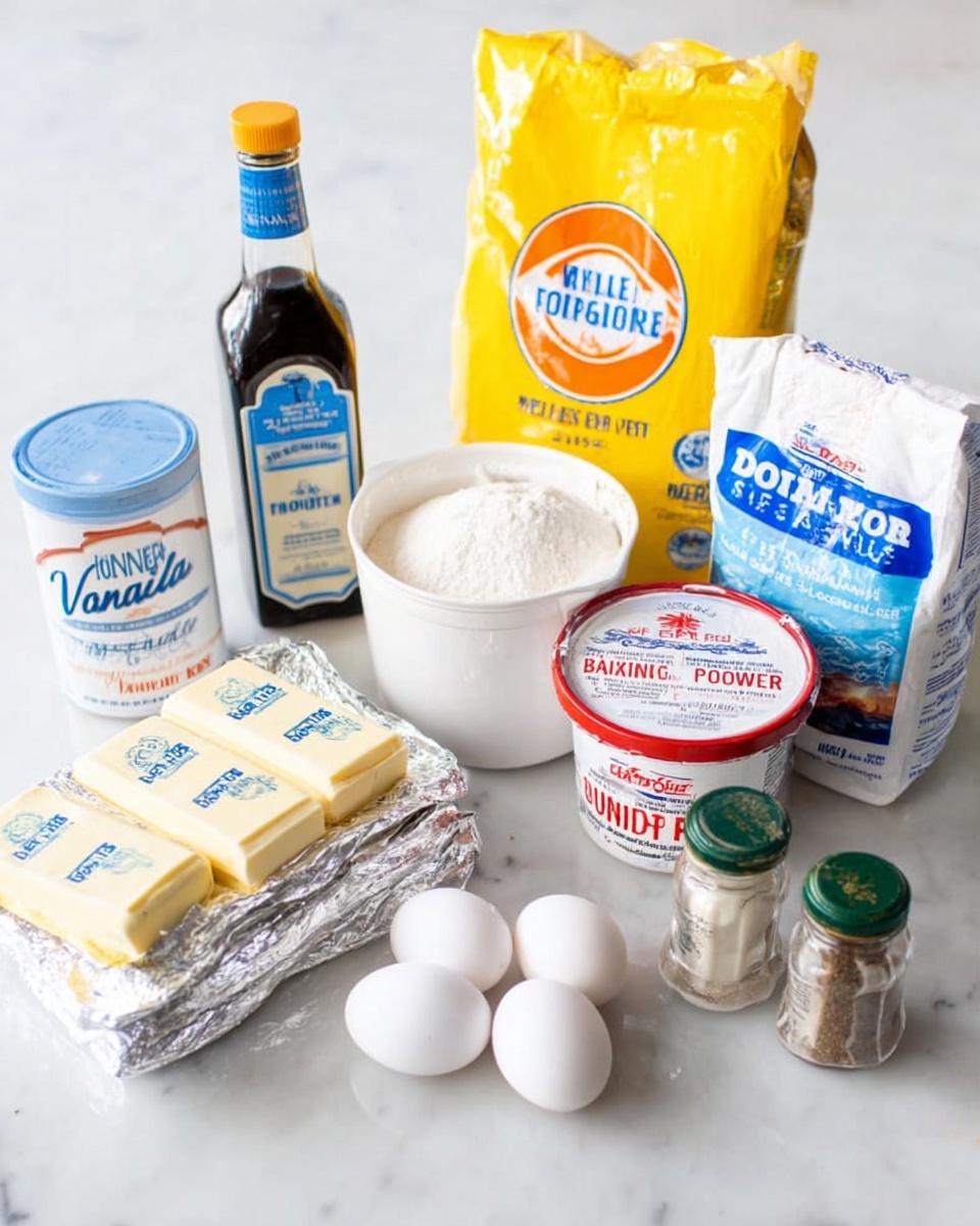 The image shows several baking ingredients placed on a white marbled surface. In the back row, from left to right, there is a tall bottle of vanilla extract with a blue label, a large yellow and white bag of granulated sugar, a white and blue bag of all-purpose flour with an orange circle on it, a white container of sour cream with a white lid and red and blue text, and a white container of baking powder with a red and black label. In the front row, there are two sticks of butter wrapped in silver foil stacked on each other, two white eggs, and two small glass spice jars, one with a green lid and the other with a brown lid. The items are neatly arranged with clear labels visible. Photo taken with an iphone --ar 4:5 --v 7