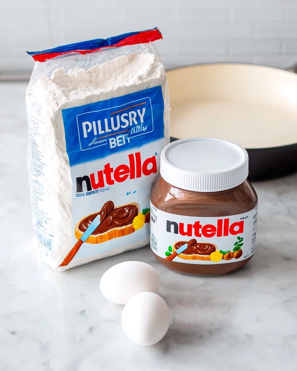 The image shows three main items on a white marbled surface: a tall bag of Pillsbury Best all-purpose flour with white, blue, red, and yellow colors on the front, a jar of Nutella with a white lid and brown chocolate spread visible through the jar, and three white eggs placed close together in front of the jar and flour bag. Behind these items, there is a white pan with dark edges. The photo taken with an iphone --ar 4:5 --v 7