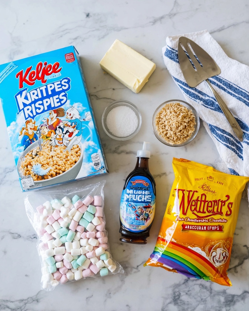 The image shows six items arranged on a white marbled surface. On the left, there is a blue box of Kellogg's Rice Krispies with animated characters and a bowl of cereal on the front. To its top right, a small rectangular piece of butter rests. Next to the butter is a small clear bowl with some coarse salt. On the right side of the salt, there is a yellow bag of Werther's Original Soft Caramels with caramel images on it. Below the caramel bag, a large clear bag of Jet-Puffed mini marshmallows with a colorful rainbow design is placed. To the far right, there is a glass bottle of vanilla extract with a blue label. A white cloth with blue stripes and a metal spatula are partially visible next to the vanilla extract bottle. Photo taken with an iphone --ar 4:5 --v 7