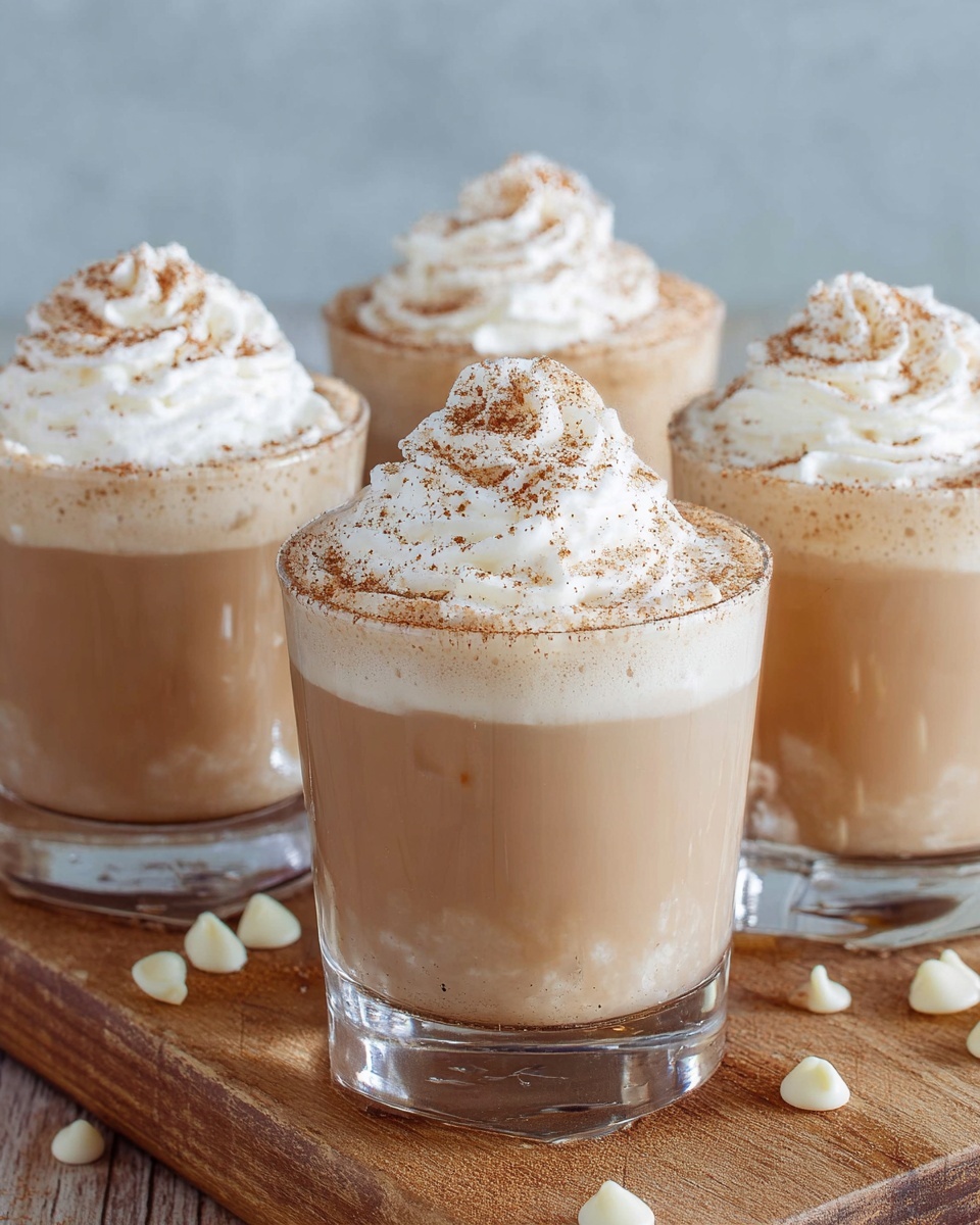 Four clear glasses filled with a creamy light brown drink are placed on a wooden surface with a few white chocolate chips scattered around. Each glass contains three visible layers: a thin darker brown layer at the bottom, a thick light tan middle layer, and a white whipped cream topping swirled on top. The whipped cream is sprinkled with a fine dusting of brown powder, likely cinnamon, adding a touch of texture and color contrast. The background is a soft blue-gray, and the wooden surface has a warm, natural tone. photo taken with an iphone --ar 4:5 --v 7