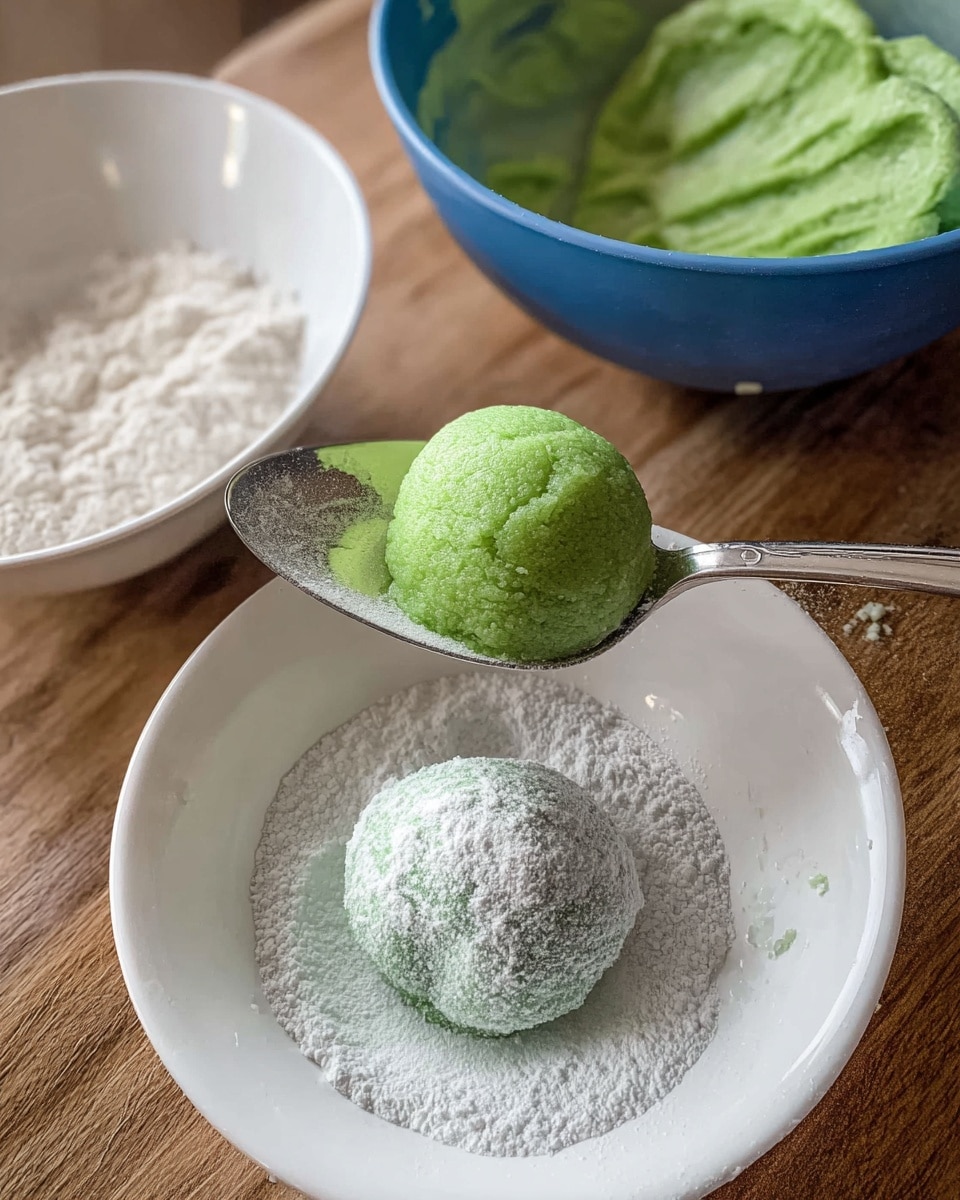 The image shows a bright green soft dough ball held on a silver spoon above a white bowl filled with white powder, with one dough ball already coated in the powder inside the bowl. Below it, there is another white bowl containing a fine white granular substance. In the background, a blue mixing bowl contains more of the green dough. All of this is placed on a wooden surface. Photo taken with an iphone --ar 4:5 --v 7