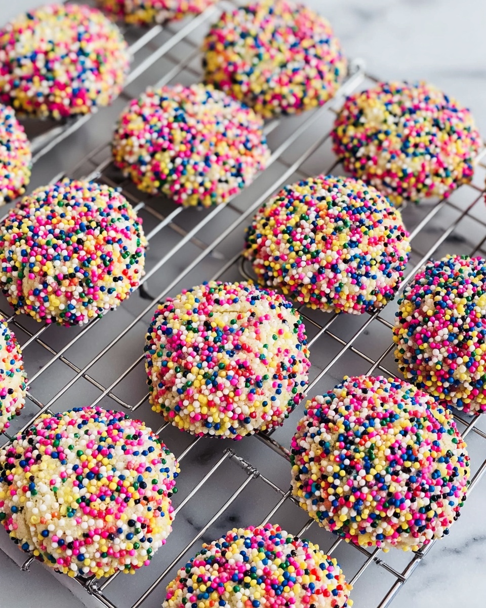 The image shows round cookies covered fully in tiny round sprinkles of many colors including pink, blue, yellow, white, green, and black. The cookies have a lightly golden base that is partly visible through the sprinkles. They are placed in neat rows on a silver wire cooling rack with a white marbled surface under the rack. The cookies look soft and thick, with a rough texture from the sprinkles all over their top layer. The photo is clear and bright, highlighting the contrasting colors of the sprinkles against the pale cookie base. Photo taken with an iphone --ar 4:5 --v 7