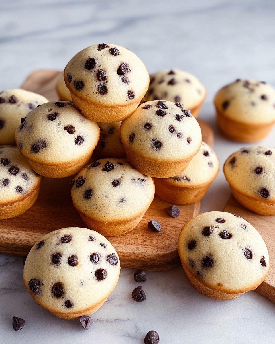 A group of small round muffins with a light golden brown base and pale tops covered with dark chocolate chips sits closely stacked on a smooth light brown wooden board. A few muffins are spread around the board on a white marbled surface, showing their soft texture and the scattered chocolate chips embedded deeply. The muffins have a slightly domed shape with a soft and airy look, and the contrast between the golden edges and the creamy light tops makes them look fresh and inviting. photo taken with an iphone --ar 4:5 --v 7