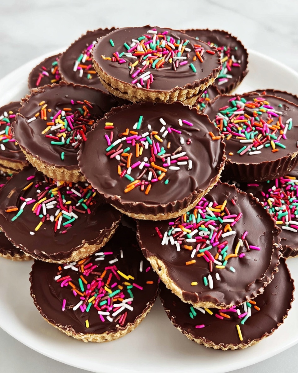 A pile of small round chocolate cups with smooth dark chocolate tops sprinkled with colorful long sprinkles in pink, green, yellow, orange, white, and red. Each cup has a light brown base with rough texture visible along the sides and edges. The cups are stacked closely over a white plate placed on a white marbled surface. The chocolate tops have slight swirls and uneven edges. photo taken with an iphone --ar 4:5 --v 7