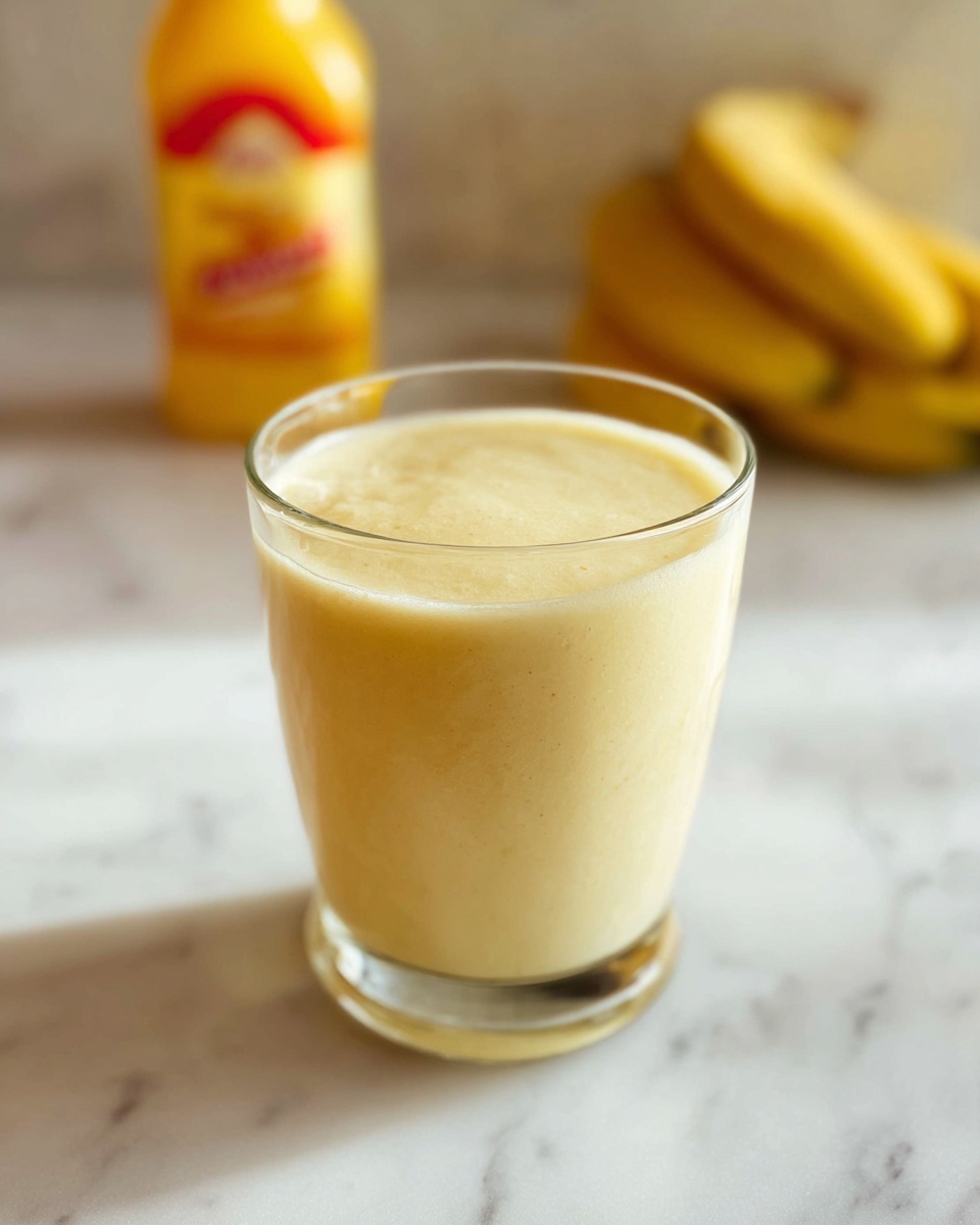 A clear glass filled almost to the top with a creamy, pale yellow smoothie that has a smooth and slightly frothy texture on the surface. The glass sits on a white marbled surface with soft natural light creating gentle shadows. In the blurred background, there is a yellow bottle with a red label and a bunch of yellow bananas. The focus is on the glass and its creamy drink. photo taken with an iphone --ar 4:5 --v 7