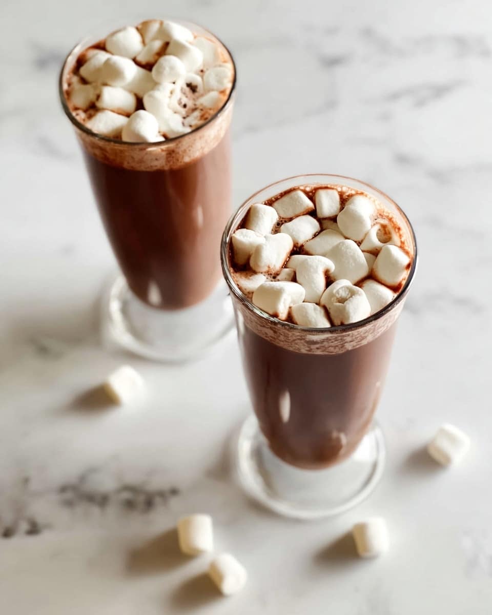 Two tall clear glasses filled with hot chocolate topped with small white marshmallows are placed on a white marbled surface. The hot chocolate layer is dark brown and smooth, filling most of the glass, with a thick cluster of soft marshmallows sitting on the top layer. Scattered around the glasses are a few loose marshmallows, adding a casual touch to the scene. The lighting is bright and natural, highlighting the glossy texture of the drink and the soft fluffiness of the marshmallows. Photo taken with an iphone --ar 4:5 --v 7