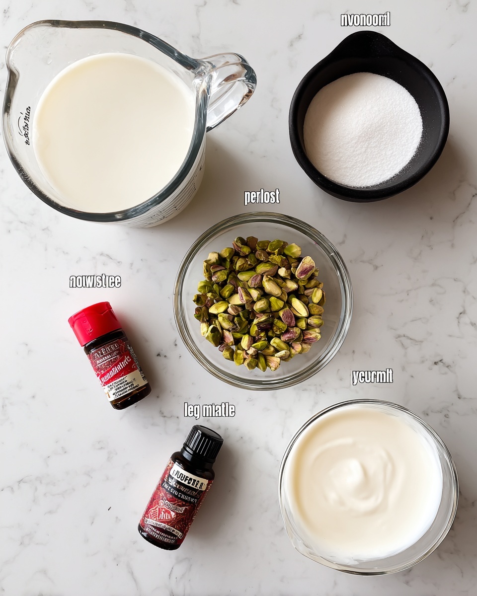 A top view of six ingredients arranged on a white marbled surface, including a glass measuring cup filled with white whole milk at the top left, a black measuring cup with white sugar on the top right, a small clear glass bowl of chopped green and brown pistachios in the center, a small bottle of vanilla extract with a red cap at the bottom left, a small bottle of almond extract with a red cap just to the right of the vanilla extract, and a glass measuring cup filled with white heavy cream at the bottom right. Each item is clearly spaced from the others with labels in simple black text above or below them. photo taken with an iphone --ar 4:5 --v 7