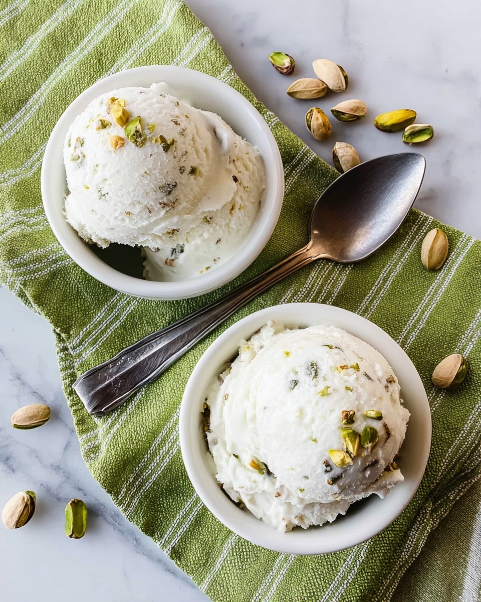 Two scoops of white ice cream with small bits of pistachio are placed inside two white bowls, sitting on a green striped cloth on a white marbled surface. The ice cream in each bowl shows texture with small nut pieces visible throughout. A silver spoon lies next to the bowls, and several whole pistachios are scattered around on the cloth and marble surface. The lighting highlights the ice cream's creamy texture photo taken with an iphone --ar 4:5 --v 7
