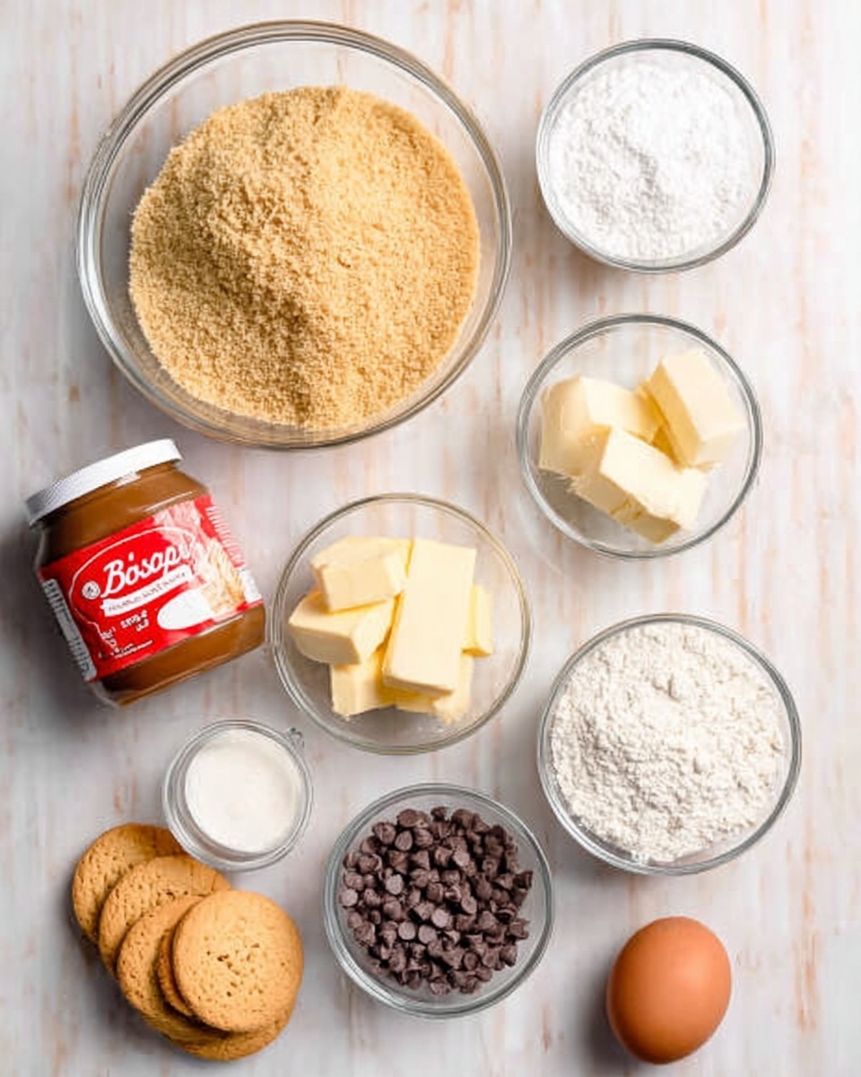 The image shows several clear glass bowls and containers arranged on a white marbled surface. There is a large bowl with a light brown crumbly mixture, a smaller bowl with white sugar, another with flour, and one with white granulated sugar. A clear bowl holds a few pieces of pale yellow butter, and another small container has white cream. Near the center, there are white and dark chocolate chips scattered on the surface. A jar of Biscoff spread in red packaging is placed open, nearby whole Biscoff cookies are laid flat on the surface. There is also a single brown egg placed near the bottom right of the frame. Everything is neat and evenly spaced, with soft natural light illuminating the ingredients. photo taken with an iphone --ar 4:5 --v 7