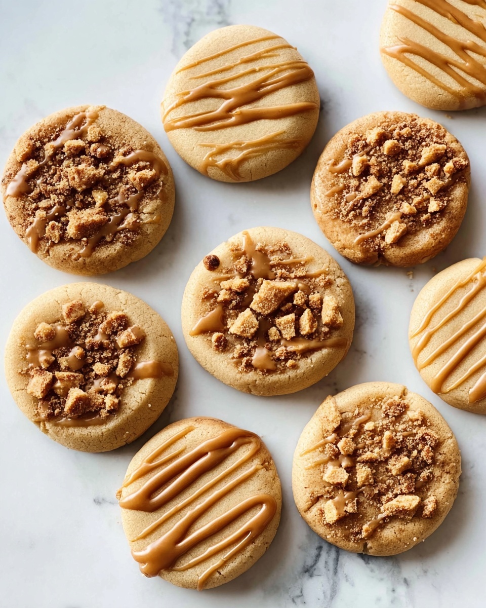 The image shows ten soft round cookies arranged loosely on a white marbled surface. Five cookies have a smooth, light tan color with no toppings, three cookies are topped with a scattered layer of small, crumbly, darker brown pieces, and two cookies are drizzled with a shiny light brown sauce in a crisscross pattern. The cookies have a slightly cracked texture on top, indicating softness and chewiness. photo taken with an iphone --ar 4:5 --v 7