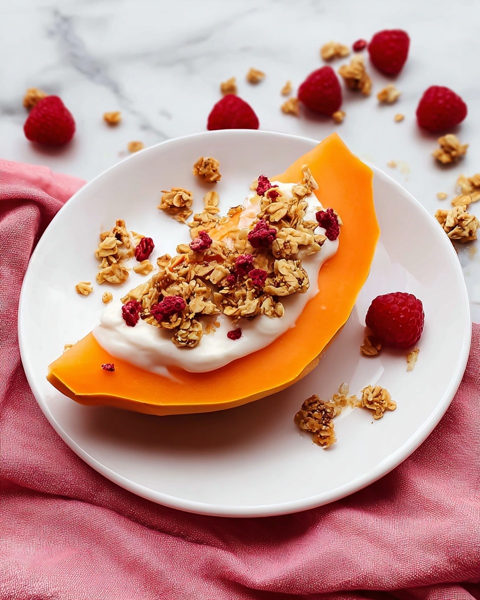 A white plate holds a slice of bright orange papaya shaped like a wide crescent on top of a pink cloth. On the papaya slice, there is a thick layer of white creamy yogurt spread generously. On top of the yogurt, there are pieces of granola clusters and small dried red raspberries scattered unevenly. Around the plate on the white marbled surface, some granola pieces and dried raspberries are spread casually. The photo taken with an iphone --ar 4:5 --v 7