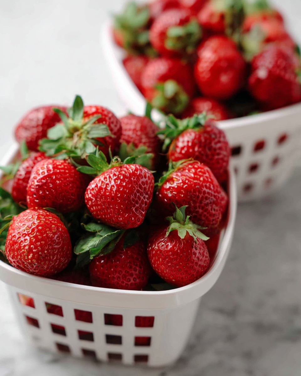 The image shows two white baskets filled with fresh red strawberries with green leaves on top. The strawberries have a shiny and slightly textured surface, tightly packed inside the baskets. The baskets have small holes and a rim, sitting on a white marbled surface with a soft light. The focus is on the front basket, making the strawberries look bright and juicy. photo taken with an iphone --ar 4:5 --v 7