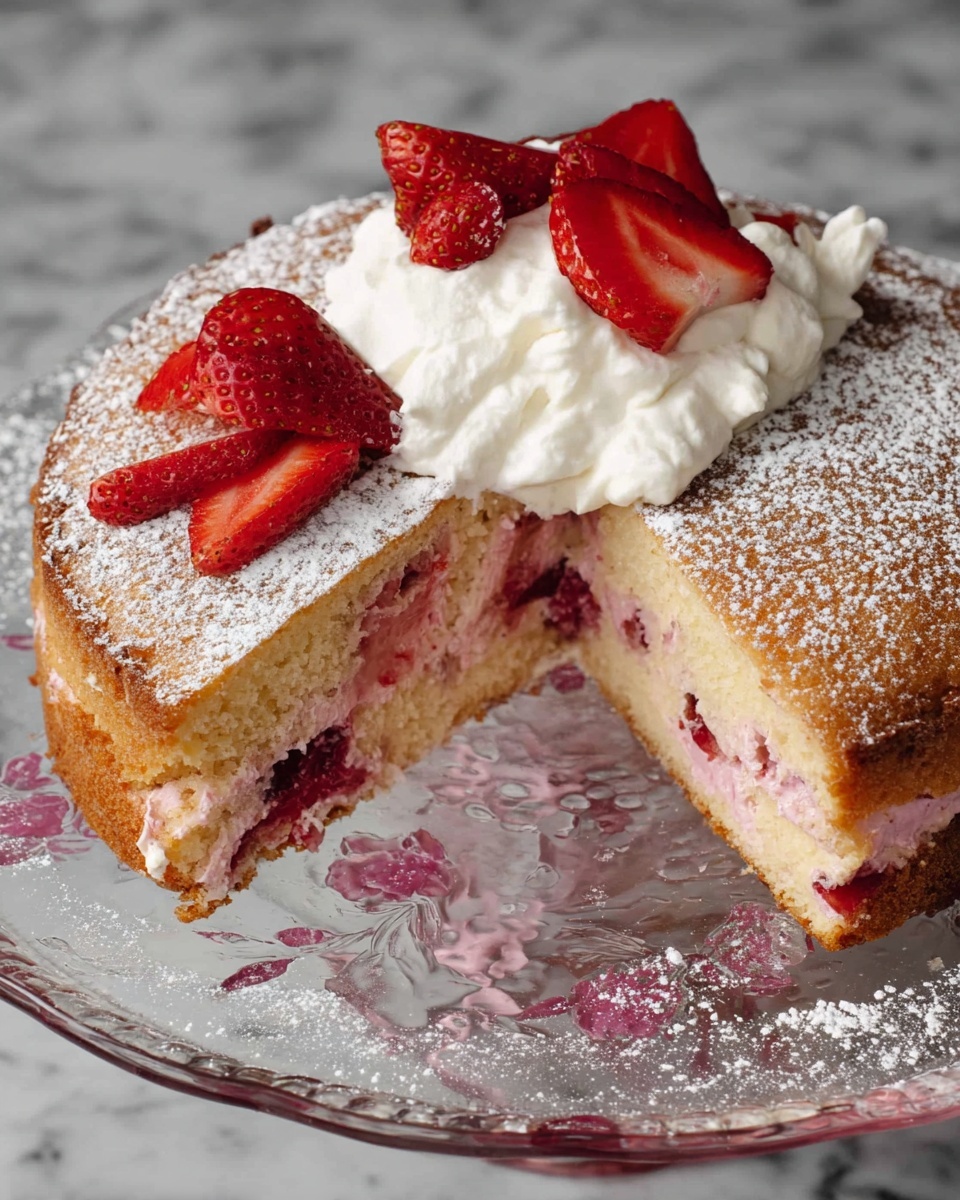 The image shows a round cake with a soft brown top layer dusted lightly with white powdered sugar. A slice is missing, revealing a thick inside layer full of pink strawberry pieces. On top of the cake, there is a big dollop of white whipped cream with several bright red sliced strawberries placed on it. The cake sits on a clear glass plate with floral patterns, all placed on a white marbled surface. photo taken with an iphone --ar 4:5 --v 7