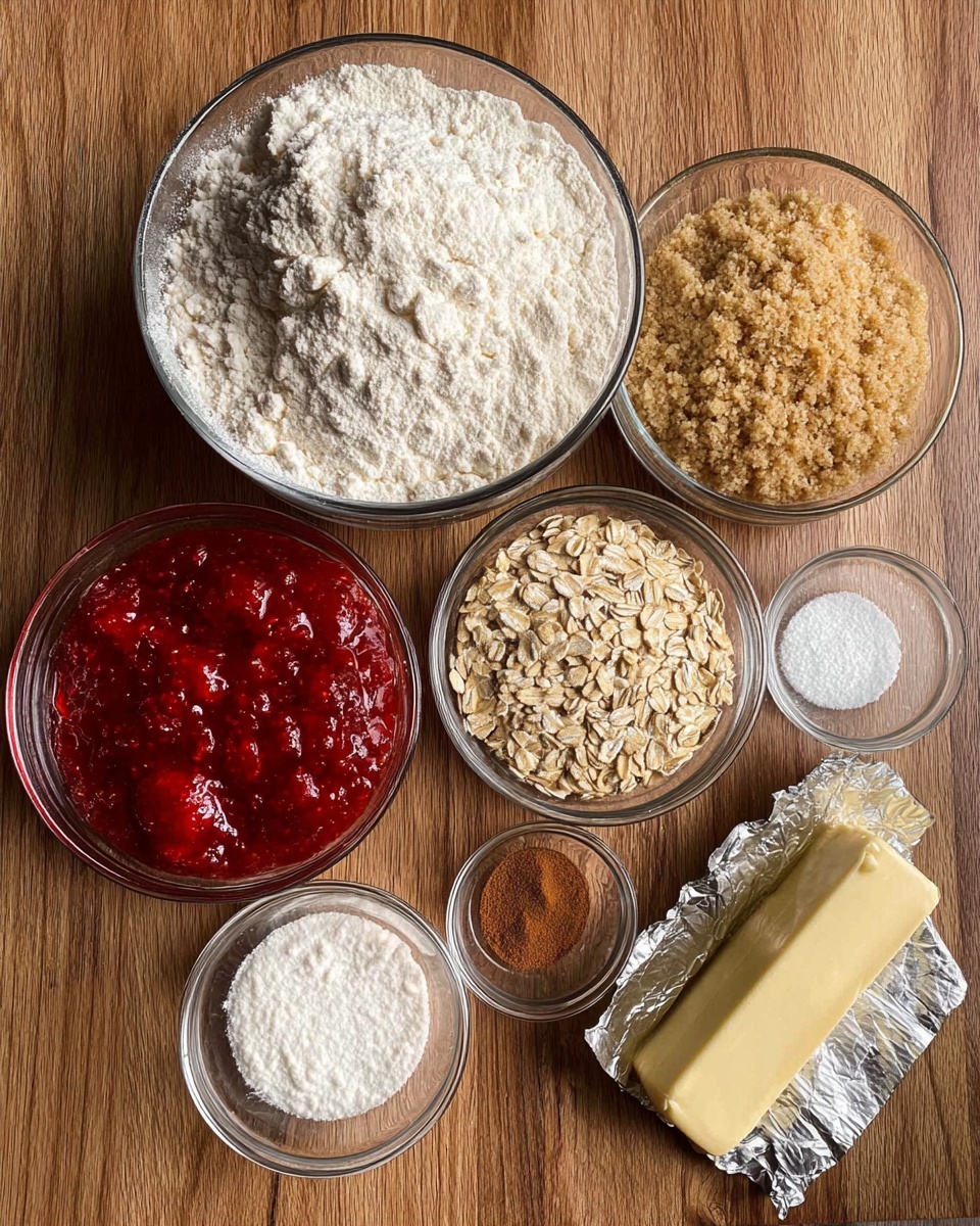 The image shows six clear glass bowls and an unwrapped stick of butter on a wooden surface. The top large bowl holds white flour with a soft, powdery texture. To its left is a bowl filled with light brown, crumbly brown sugar. Below the flour bowl is a smaller bowl with dry, beige rolled oats that have a flaky texture. On the right side near the flour is another bowl with white powdery baking soda or baking powder. The bottom left bowl contains chunky red strawberry jam with a thick, sticky texture. Next to the jam is a very small bowl holding white salt and a smaller amount of brown cinnamon powder. On the far right, the silver wrapper is open to show a pale yellow stick of butter with a smooth surface. The entire scene is on a flat wooden surface. photo taken with an iphone --ar 4:5 --v 7