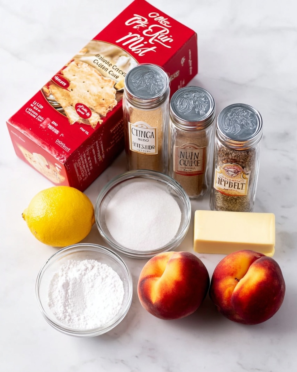 The image shows a collection of baking ingredients arranged on a white marbled surface. In the back, there is a red box of pie crust mix tilted slightly backward. In front of the box, there are three glass spice jars with silver lids labeled cinnamon, nutmeg, and ground cloves. To the right of the jars, a stick of salted butter rests on top of two ripe peaches, which have smooth orange and red skin. On the left side, a whole lemon is placed near two small clear glass bowls, one filled with white granulated sugar and the other with powdered sugar. The overall scene is bright and clean, with all items close together and neatly organized. Photo taken with an iphone --ar 4:5 --v 7