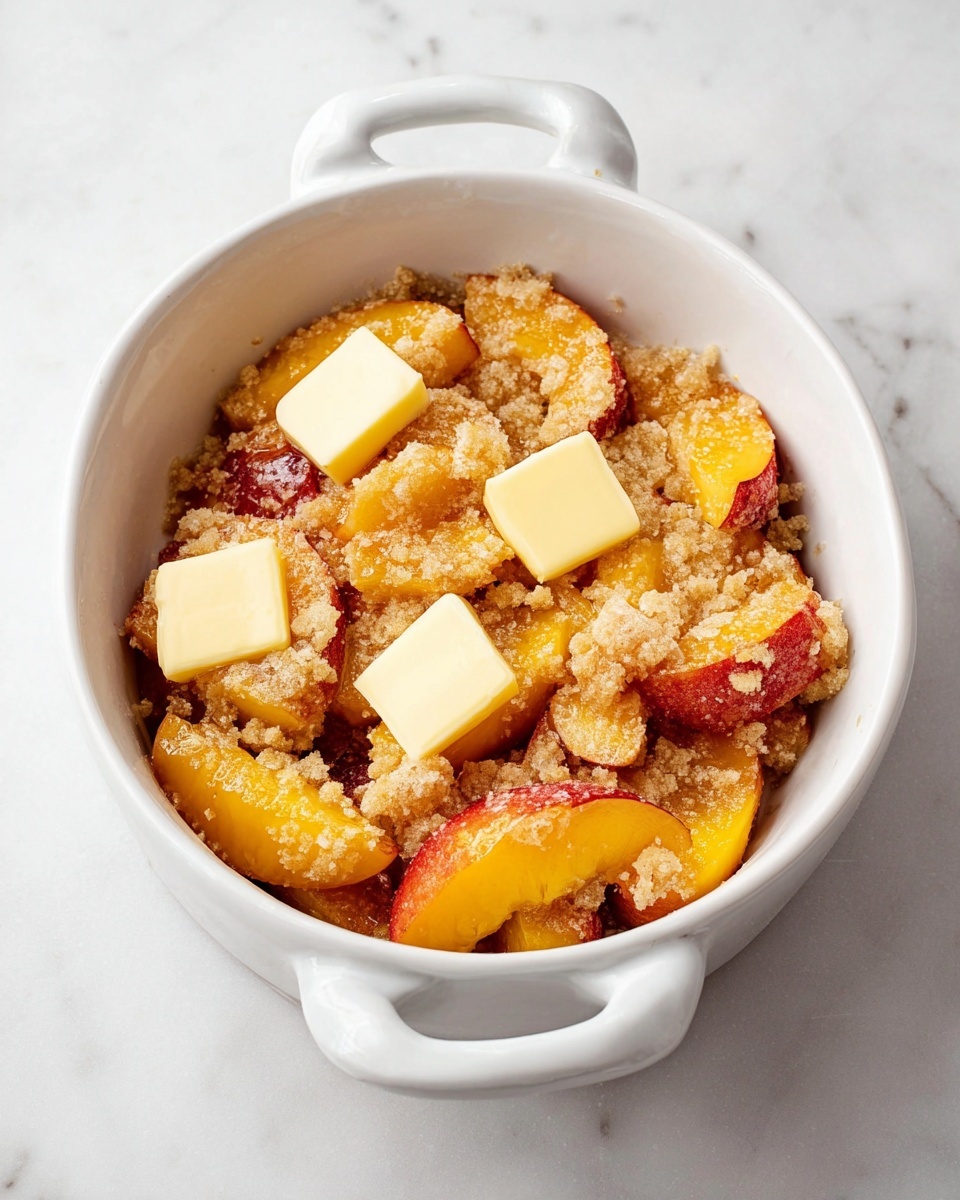 The image shows a white ceramic baking dish filled with a mixture of sliced peaches coated with sugar and spices, creating a textured and grainy layer. Scattered on top are four small, square pats of butter, creamy yellow in color, placed evenly across the fruit. The peaches are golden yellow with hints of red, and the dish is set on a white marbled surface. The baking dish has a soft scalloped edge and handles on each side, giving it a homey and inviting look. photo taken with an iphone --ar 4:5 --v 7