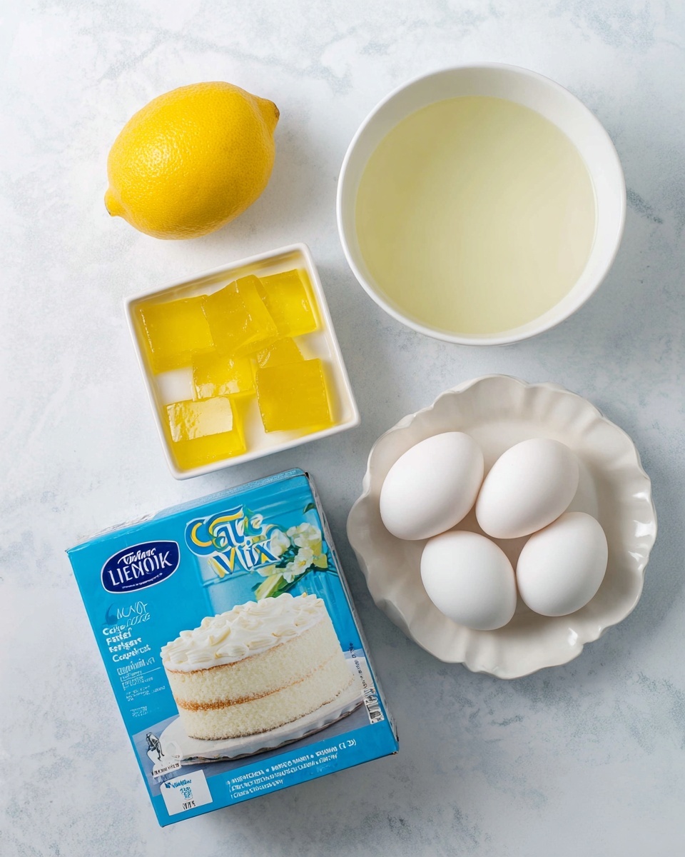 The image shows four items arranged on a white marbled surface: a whole yellow lemon on the top left, a small box of yellow lemon gelatin dessert with cubes of yellow gelatin on the front next to the lemon on the right, a blue box of white cake mix with a picture of a two-layer white cake with white frosting below the lemon and gelatin, and a white scalloped dish holding four light-colored eggs next to the cake mix on the right. Above the eggs is a white bowl filled with a light yellow liquid. photo taken with an iphone --ar 4:5 --v 7