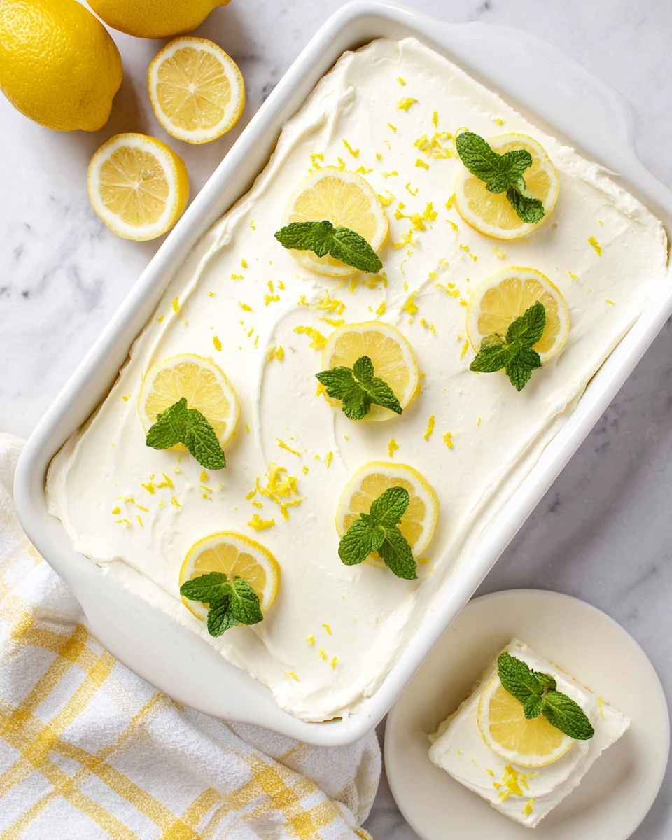 A rectangular white dish holds a smooth, creamy white topping spread evenly on the surface. On top are eight small lemon wedges, each paired with two or three fresh green mint leaves, placed in a grid-like pattern across the dish. There are also small yellow lemon zest sprinkles scattered lightly over the top, adding texture and color contrast. The dish rests on a white marbled surface, with a white and yellow plaid cloth partially visible underneath. Photo taken with an iphone --ar 4:5 --v 7