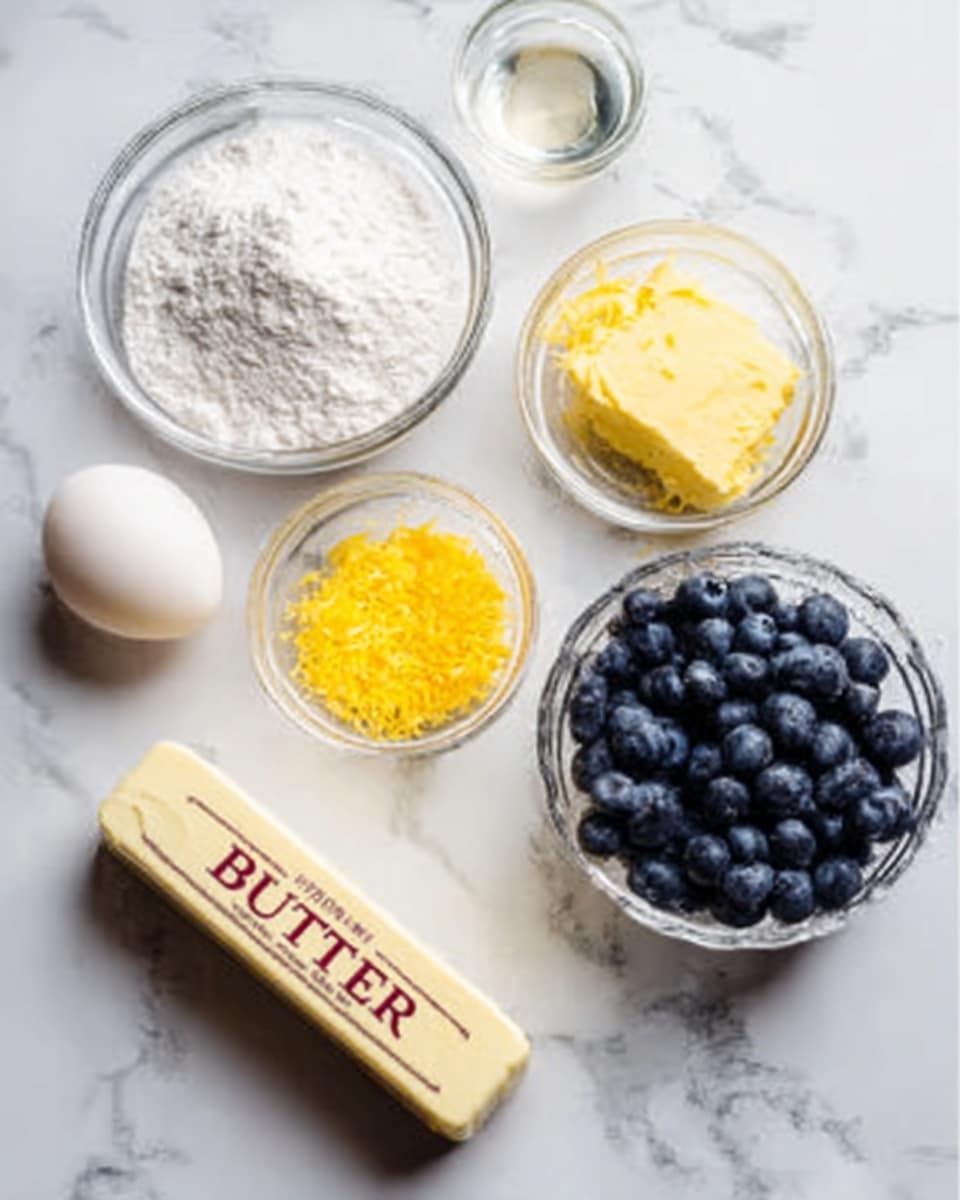 The image shows a white marbled surface with several clear glass bowls and an egg arranged neatly. There is one bowl filled with white powder, another with bright yellow butter next to lemon zest in a small bowl, and a larger bowl full of fresh blueberries. A single white egg and a stick of butter with